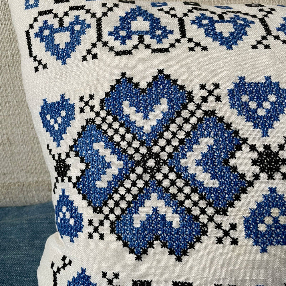 
                  
                    blue cross stitch folk cushion couch pillow hand embroidered vintage boho textile
                  
                