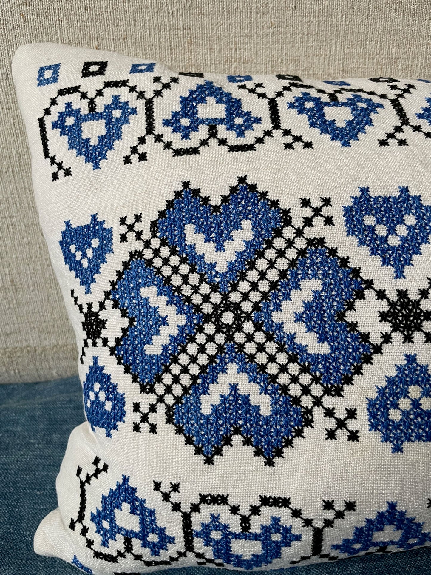 
                  
                    blue cross stitch folk cushion couch pillow hand embroidered vintage boho textile
                  
                