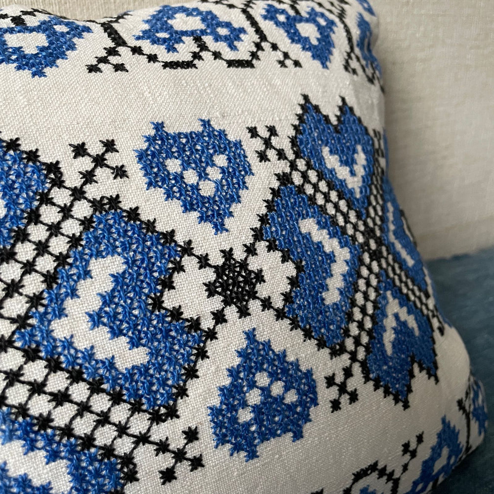 
                  
                    blue cross stitch folk cushion couch pillow hand embroidered vintage boho textile
                  
                