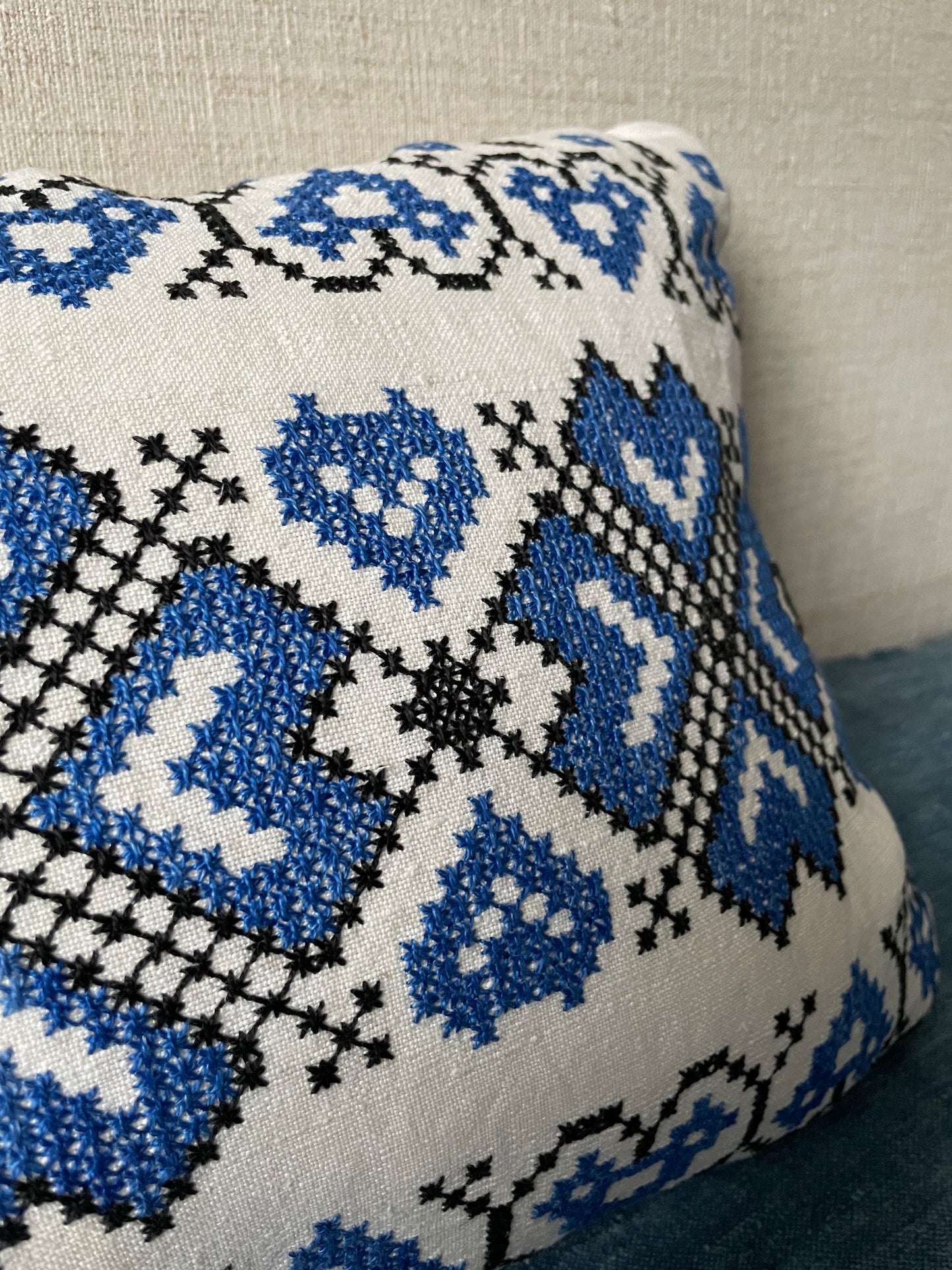 
                  
                    blue cross stitch folk cushion couch pillow hand embroidered vintage boho textile
                  
                