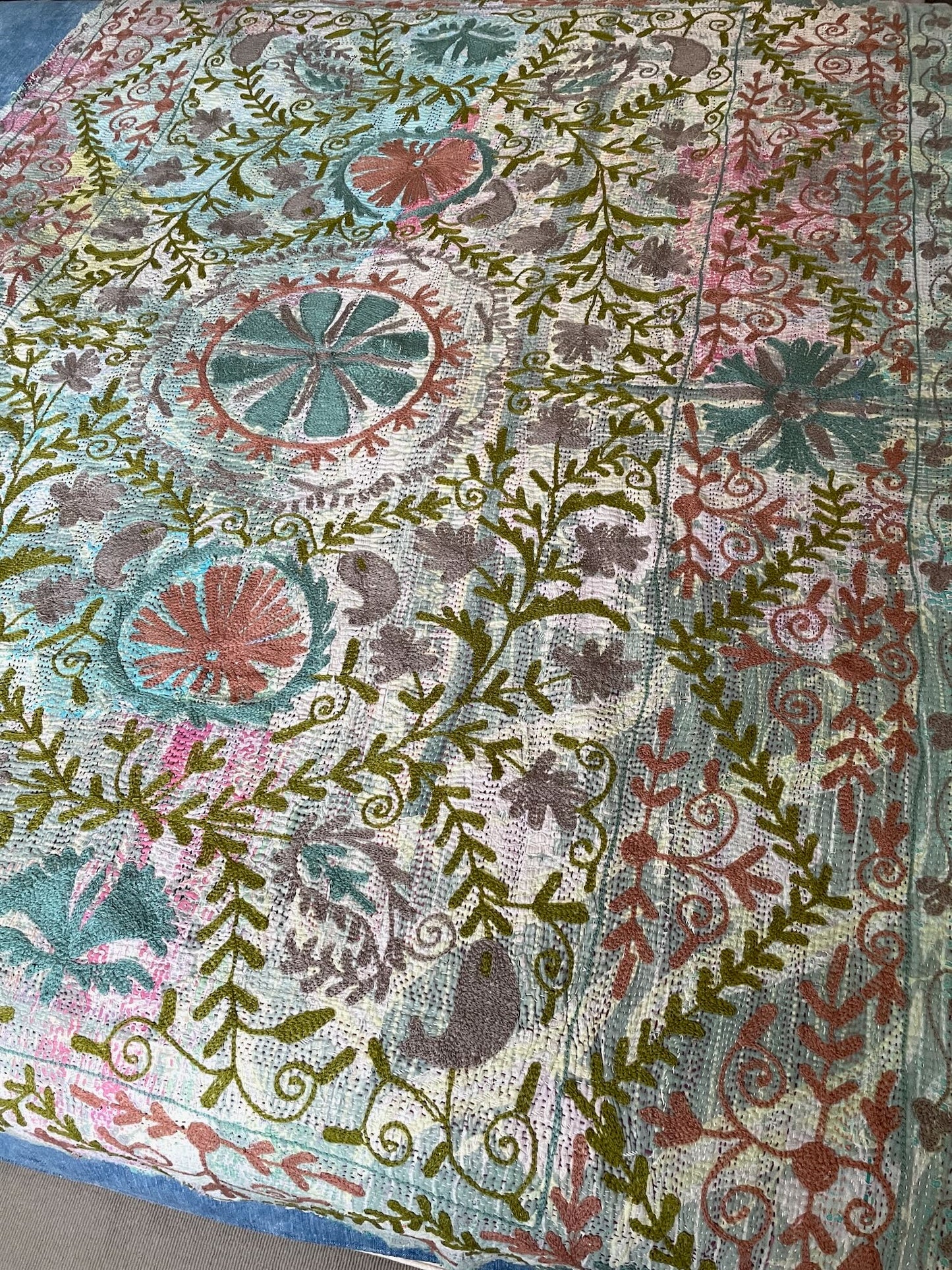 pale blue green embroidered suzani style throw quilt kantha bedspread hand stitched washable single