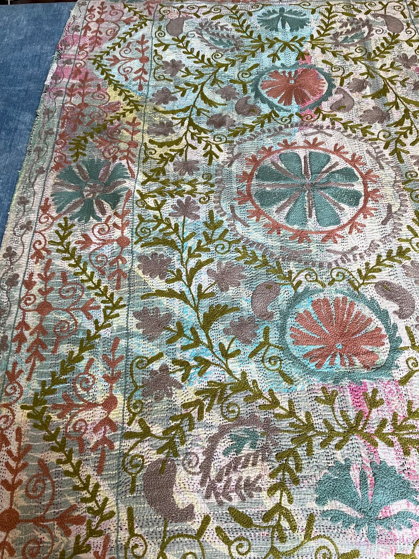 
                  
                    pale blue green embroidered suzani style throw quilt kantha bedspread hand stitched washable single
                  
                