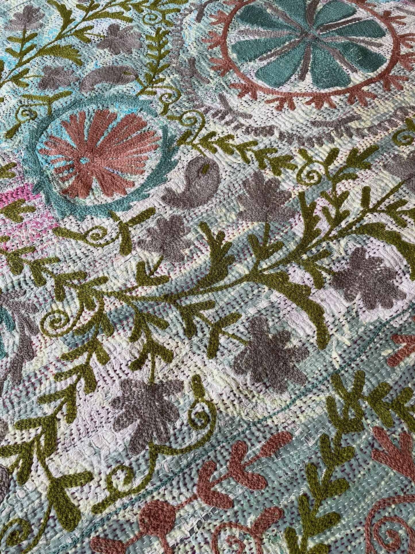 
                  
                    pale blue green embroidered suzani style throw quilt kantha bedspread hand stitched washable single
                  
                