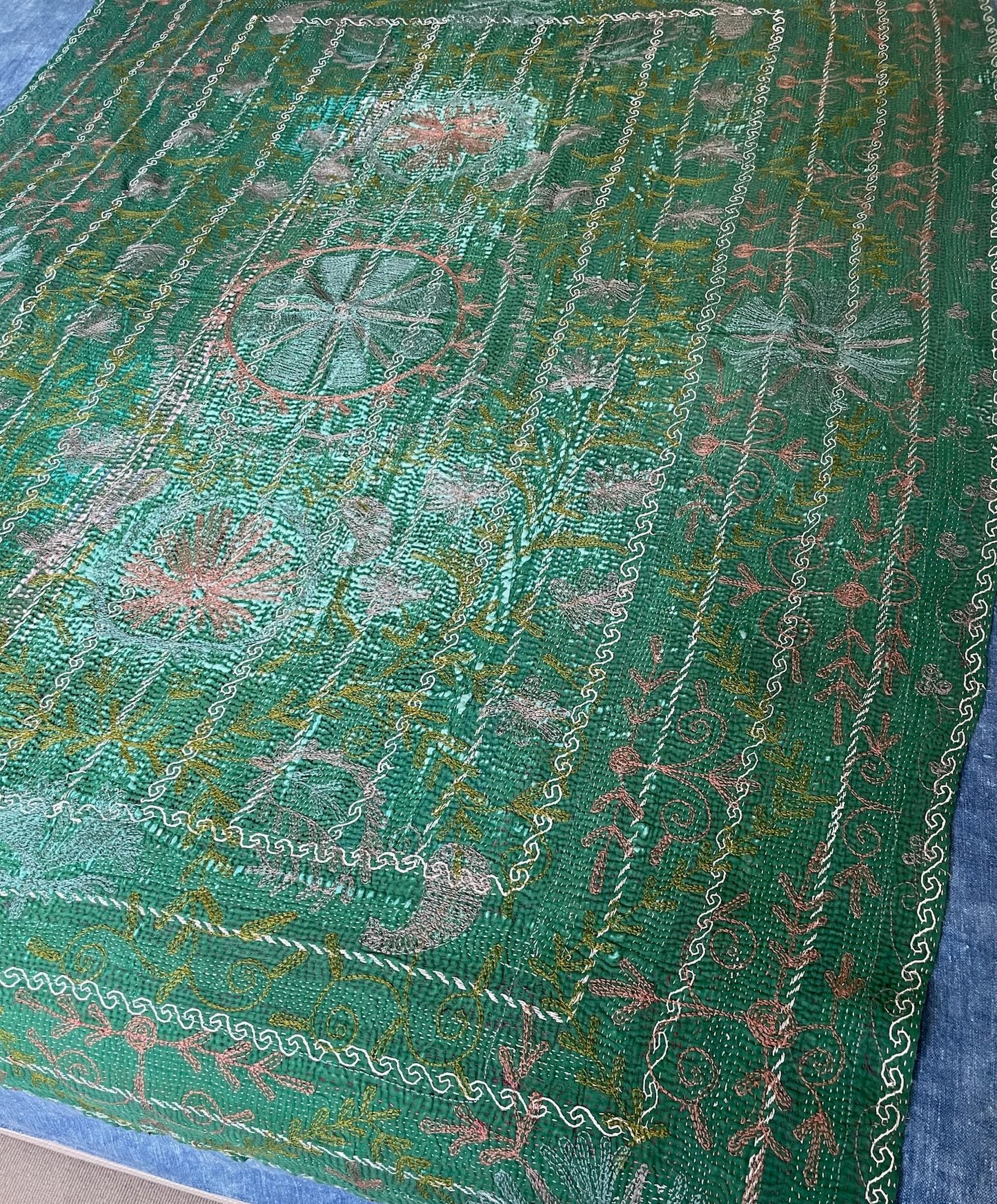 
                  
                    dark green embroidered suzani style throw quilt kantha bedspread hand stitched washable single UK
                  
                