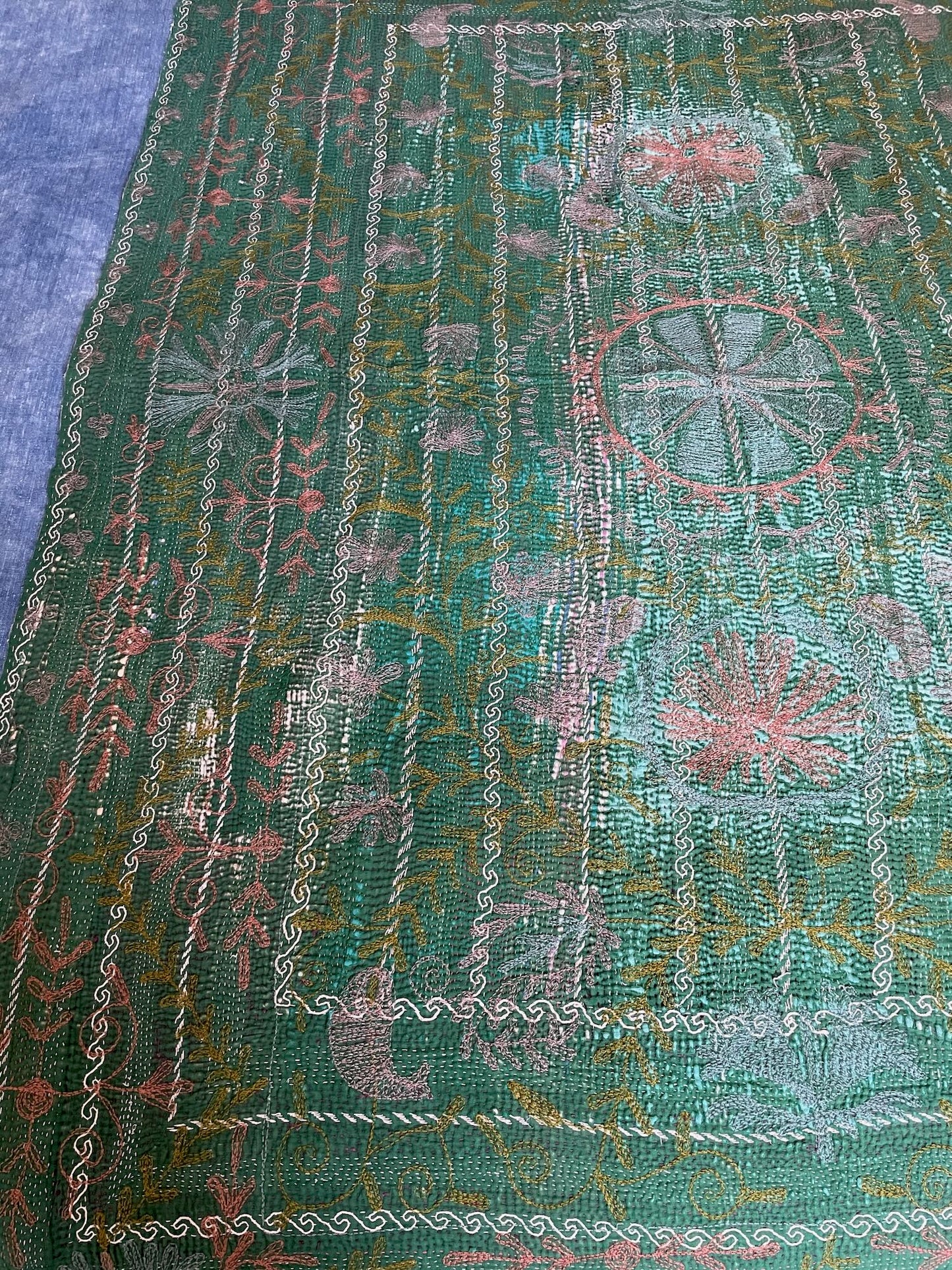 
                  
                    dark green embroidered suzani style throw quilt kantha bedspread hand stitched washable single UK
                  
                