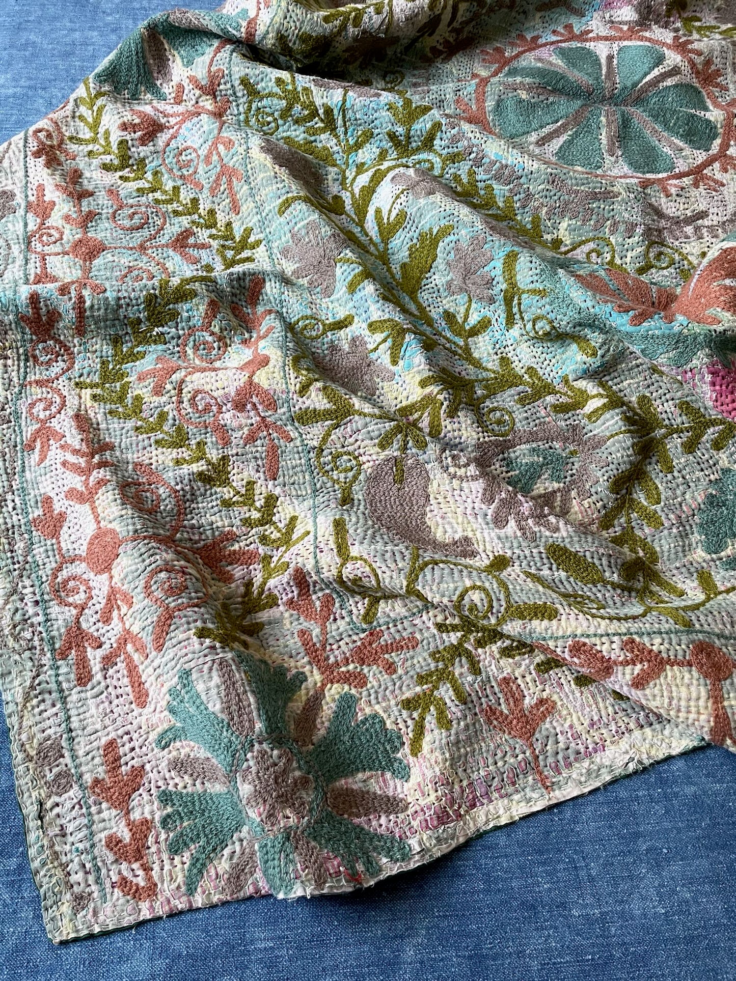 pale blue green embroidered suzani style throw quilt kantha bedspread hand stitched washable single