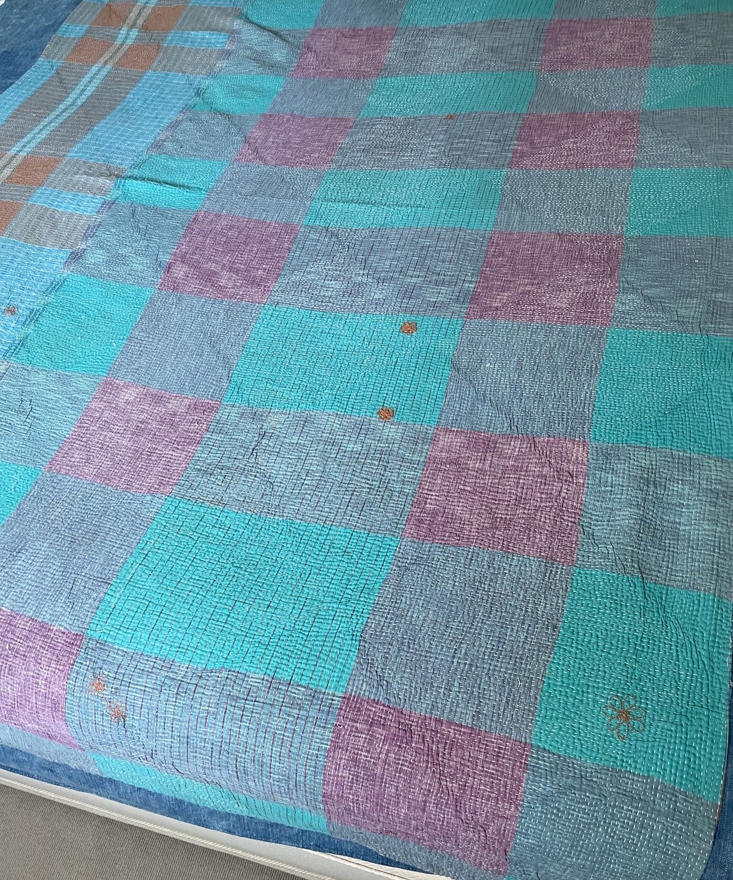blue purple check kantha quilt picnic blanket cotton comforter washable large bedspread