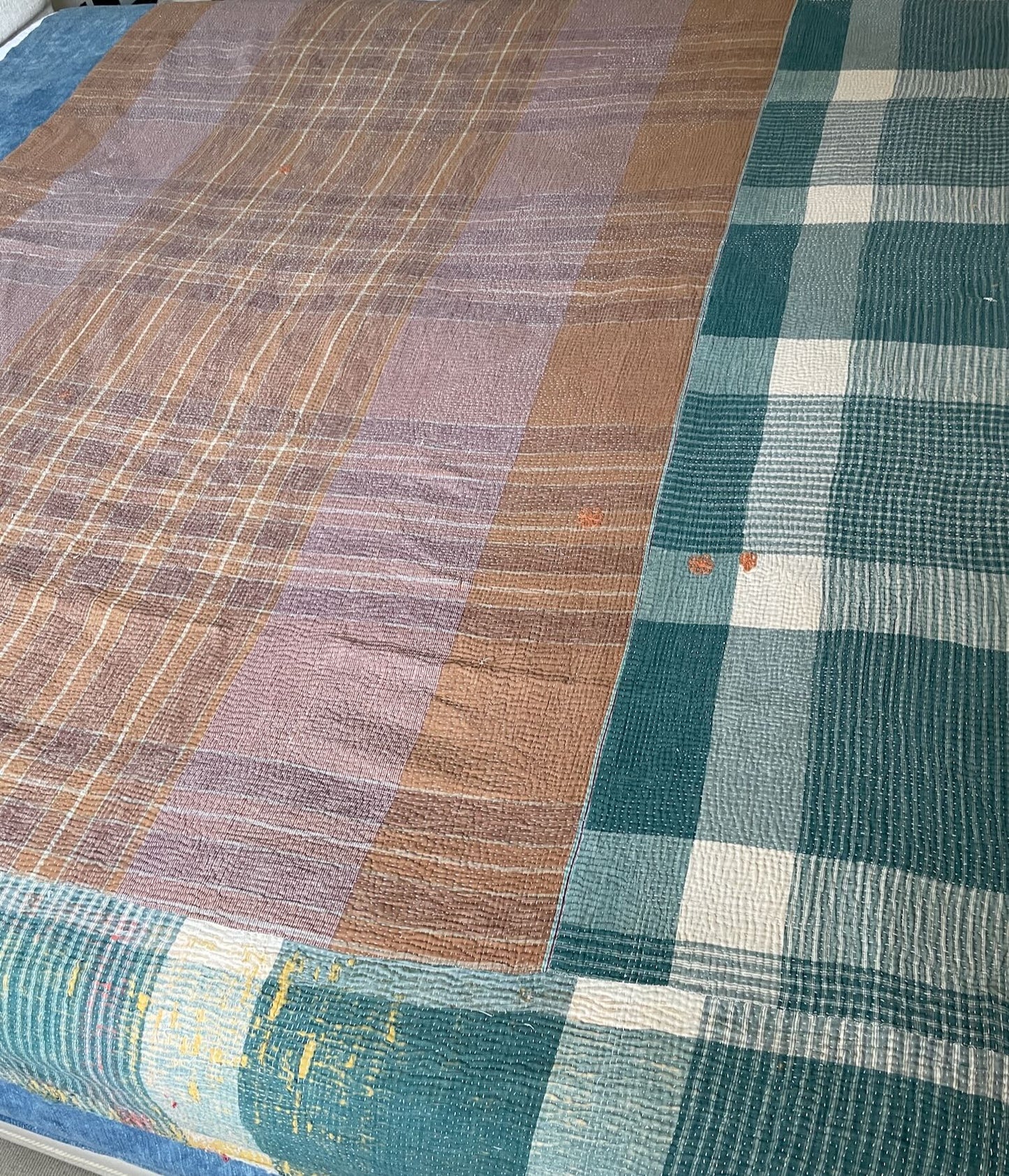 
                  
                    brown green check kantha quilt picnic blanket cotton comforter washable large bedspread reversible
                  
                