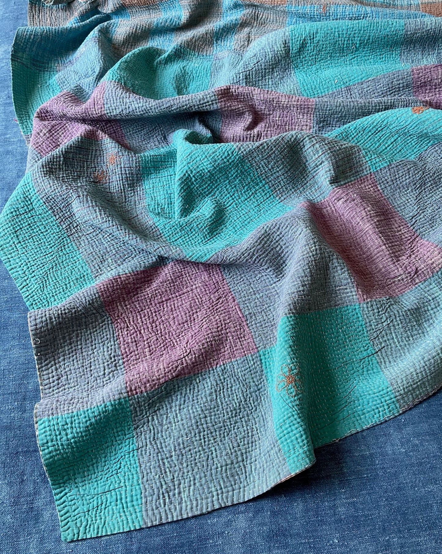 blue purple check kantha quilt picnic blanket cotton comforter washable large bedspread