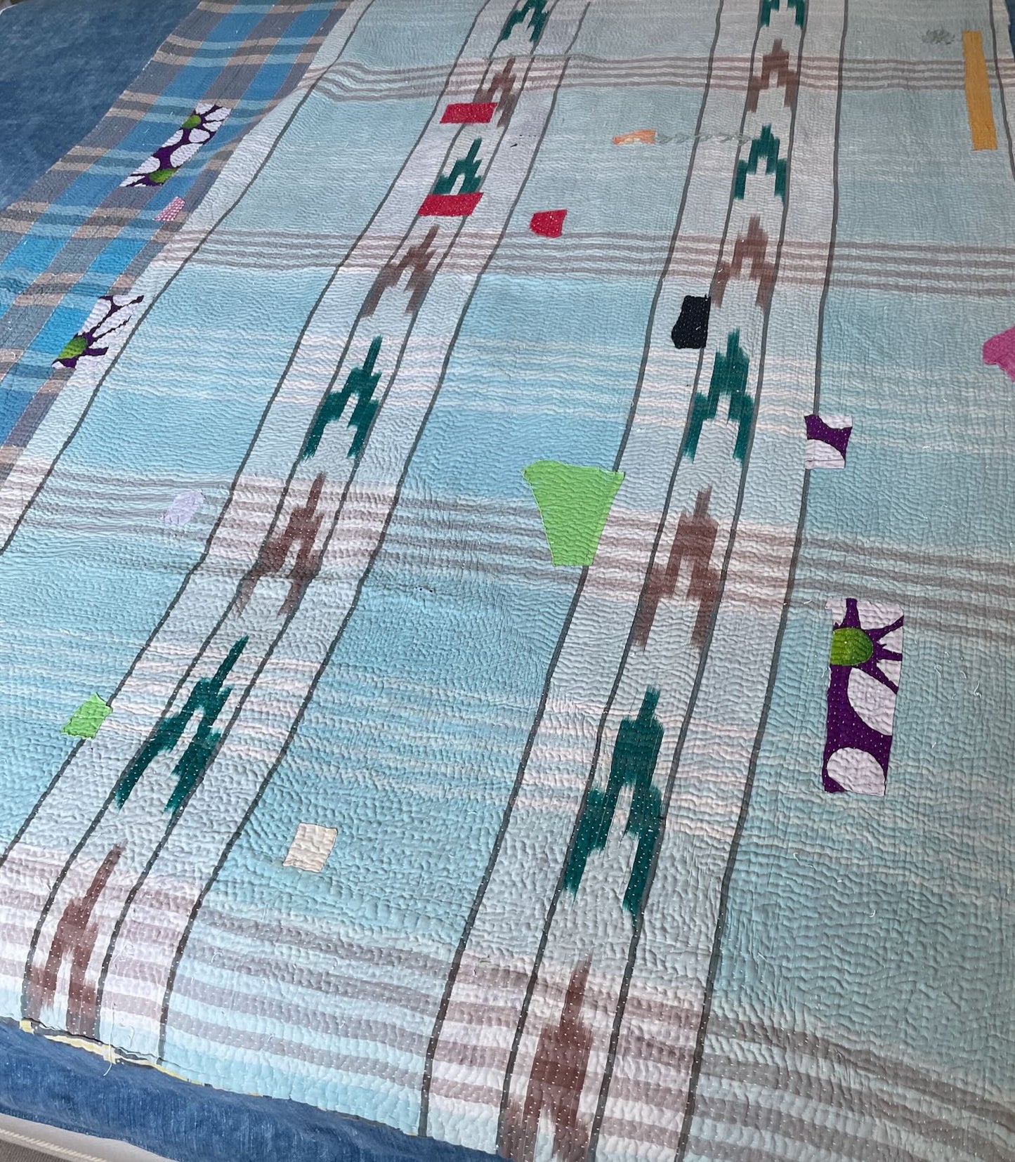 pale blue check ikat kantha quilt sofa throw cotton comforter hand stitched machine washable single