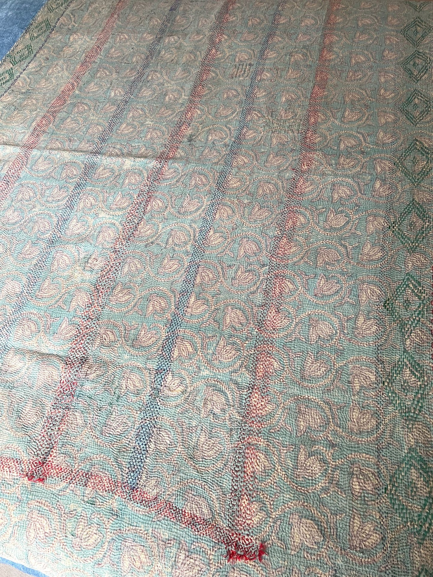 pretty turquoise floral block print quilt kantha bedspread cotton comforter washable