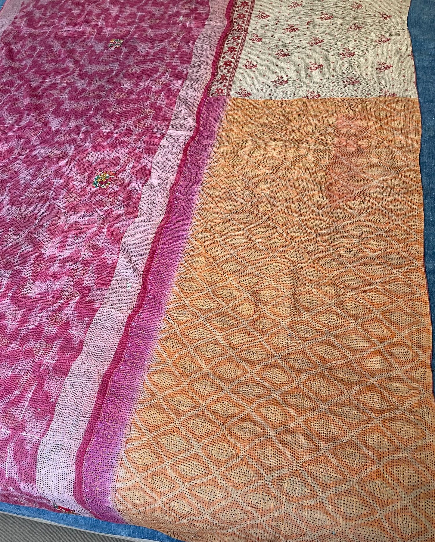 pink orange cotton bedspread hand stitched kantha quilt large single light washable comforter throw