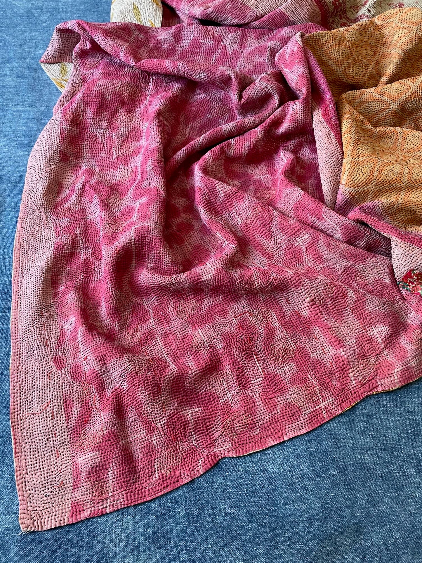 pink orange cotton bedspread hand stitched kantha quilt large single light washable comforter throw