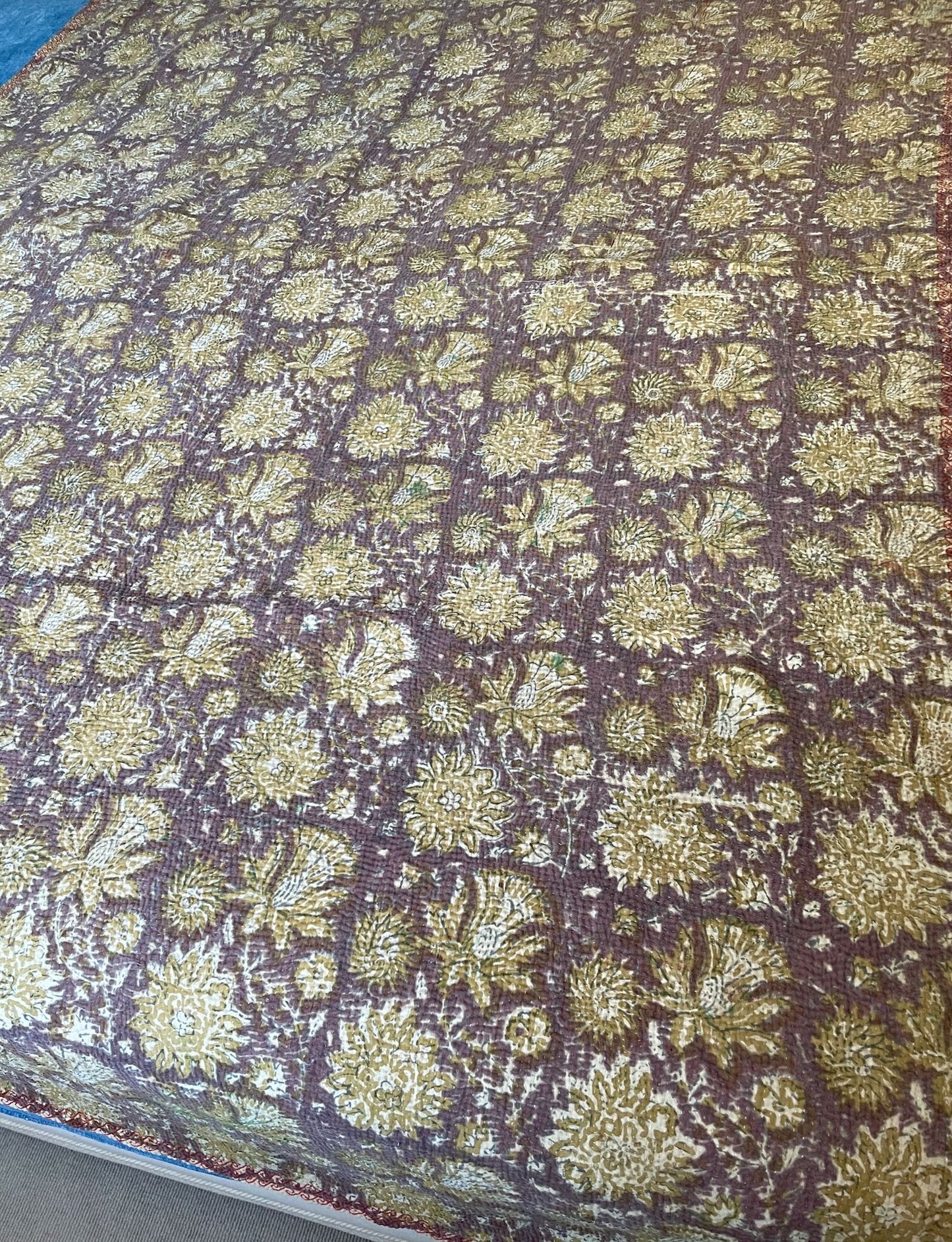 brown mustard colour bedspread kantha quilt block printed cotton comforter arge sofa throw boho 