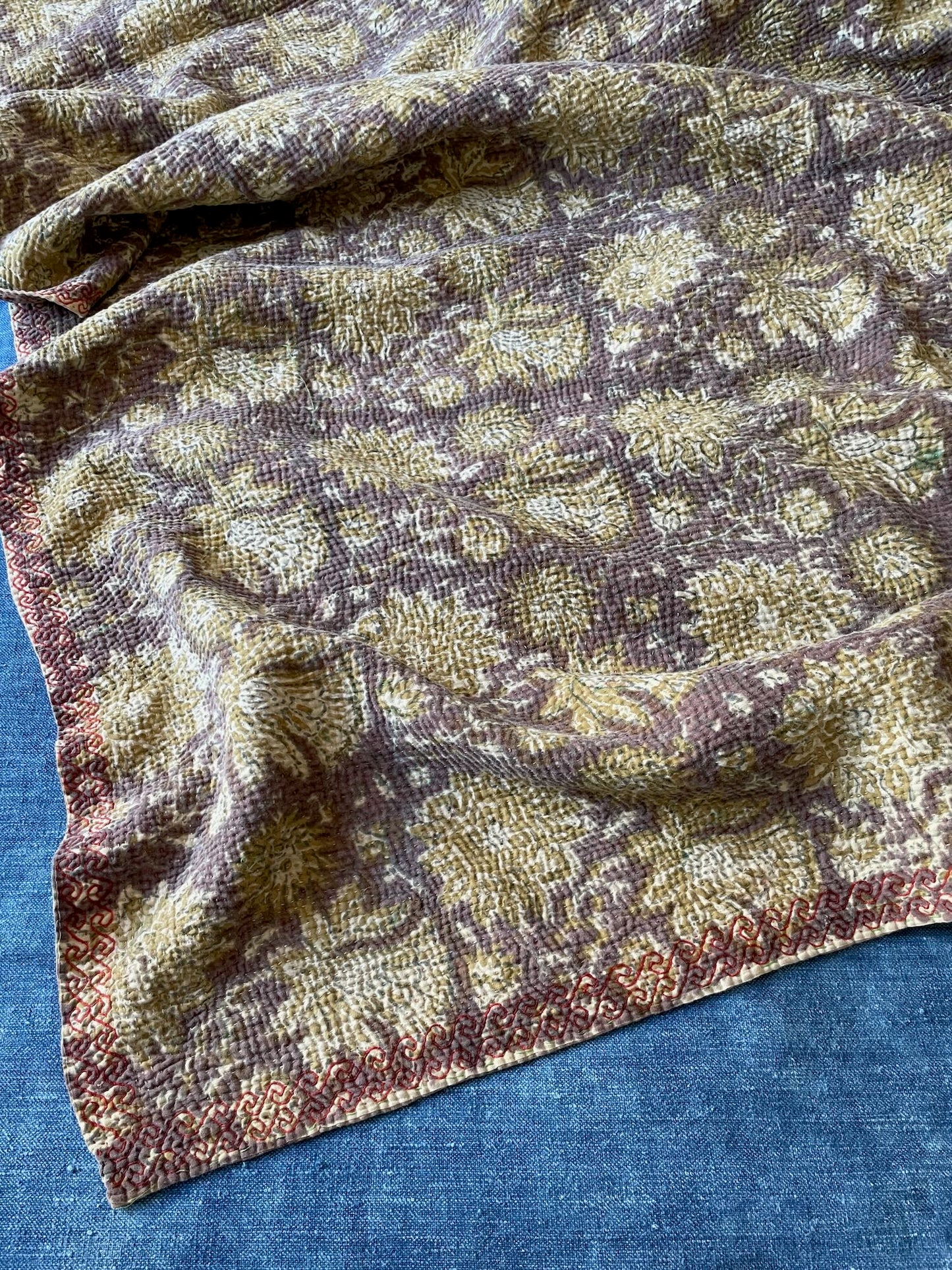 brown mustard colour bedspread kantha quilt block printed cotton comforter arge sofa throw boho 