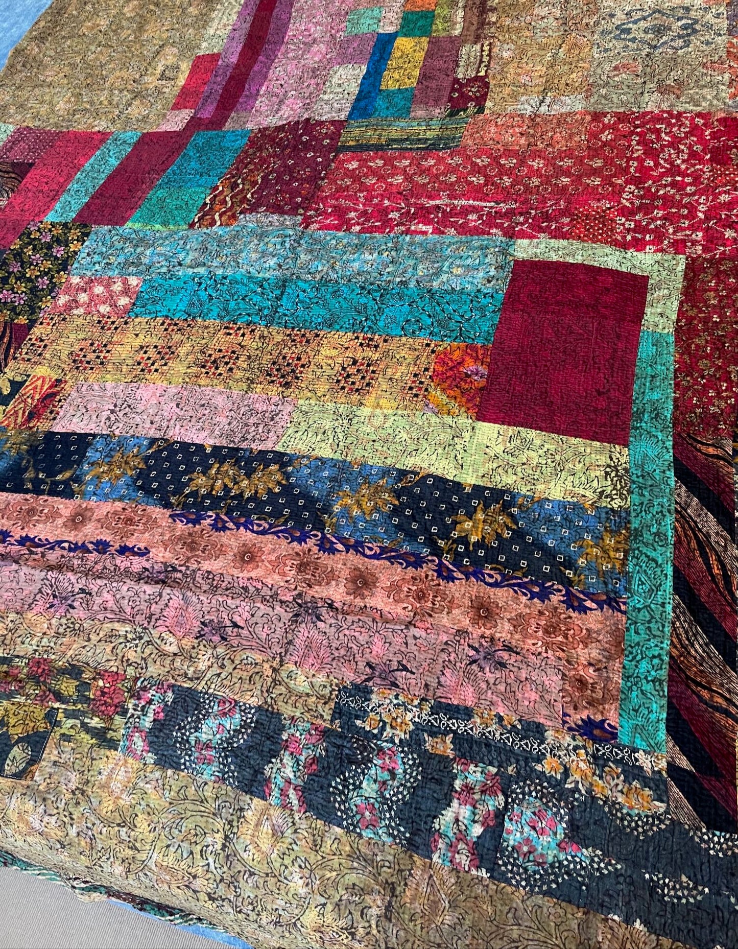 colourful patchwork quilt bedspread comforter block printed throw washable cotton single double size