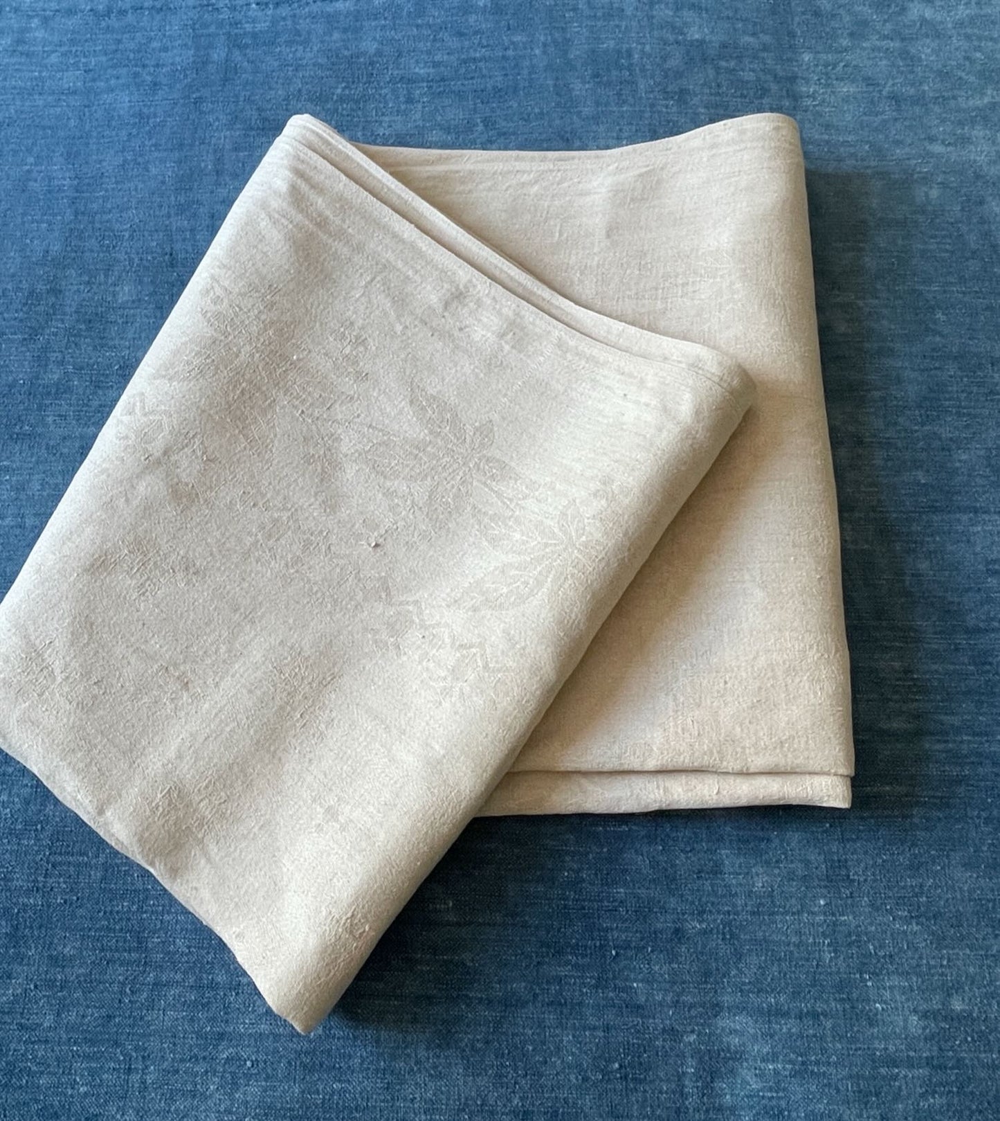 antique french cream linen damask table cloth table linen unused 2.3 m long monogrammed VU