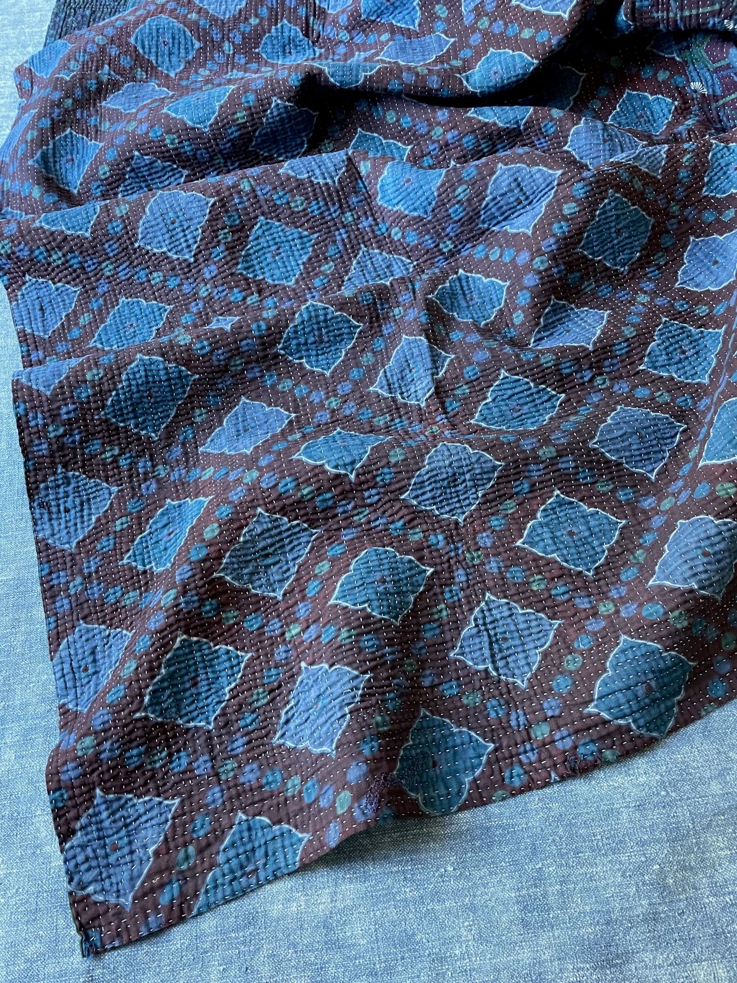 indigo blue patterned quilt block print kantha bedspread hand stitched washable free uk delivery