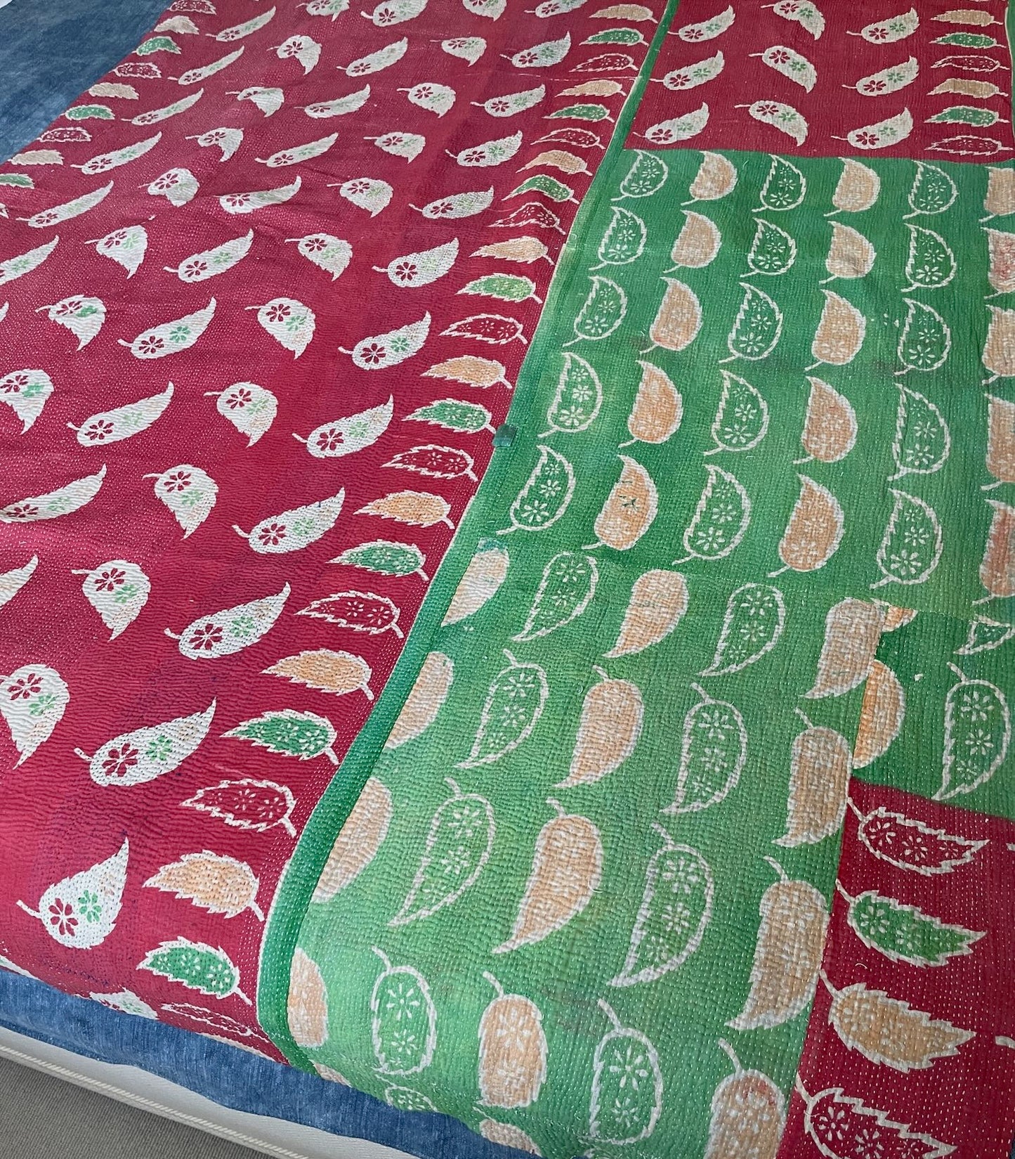bright pink and green patterned cotton kantha quilt sofa throw bedspread washable comforter single