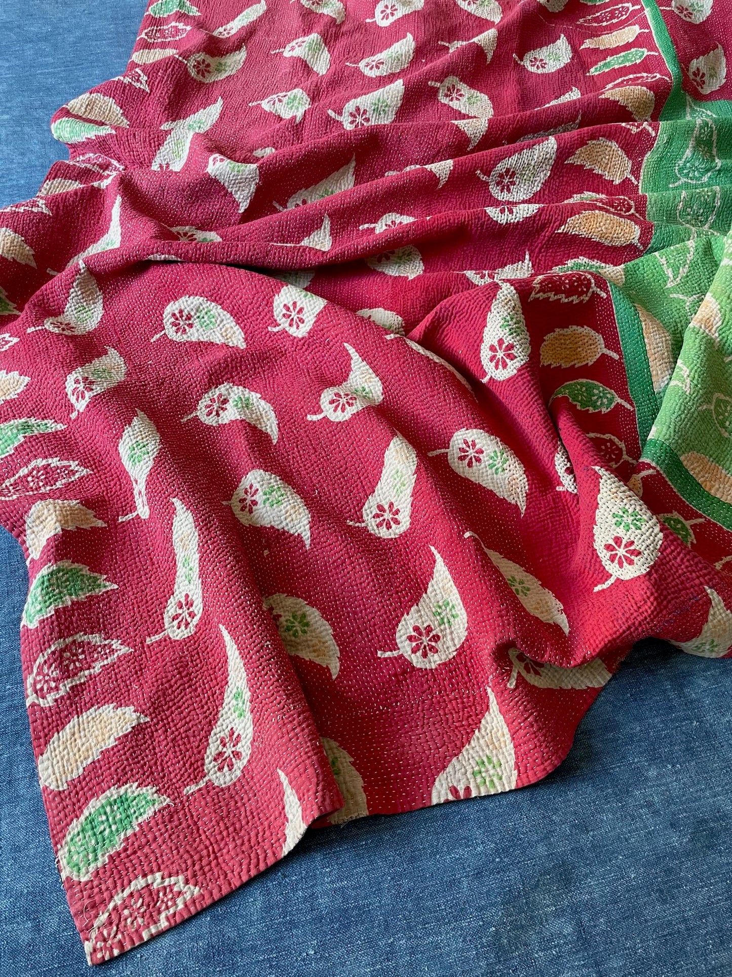 bright pink and green patterned cotton kantha quilt sofa throw bedspread washable comforter single