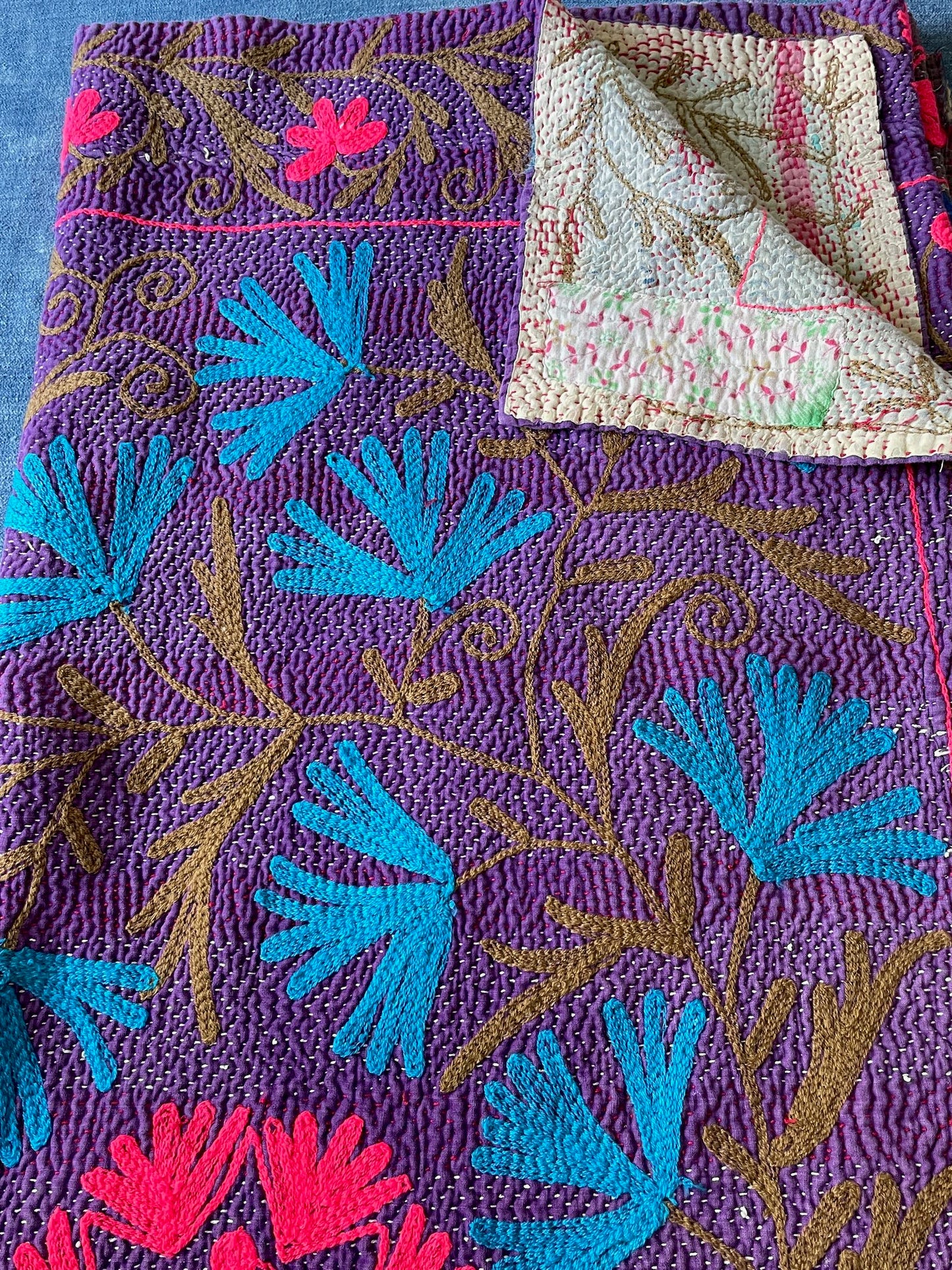 
                  
                    bright modern colours vintage kantha embroidered bedspread single double washable cotton blanket
                  
                