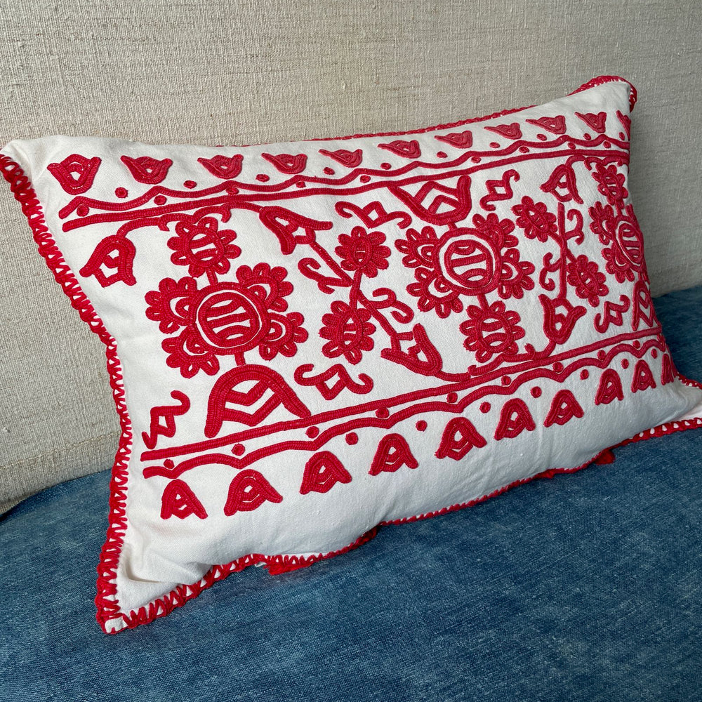 
                  
                    red embroidered folk art cushion irasos pillow hungarian folk art textile large couch cushion
                  
                