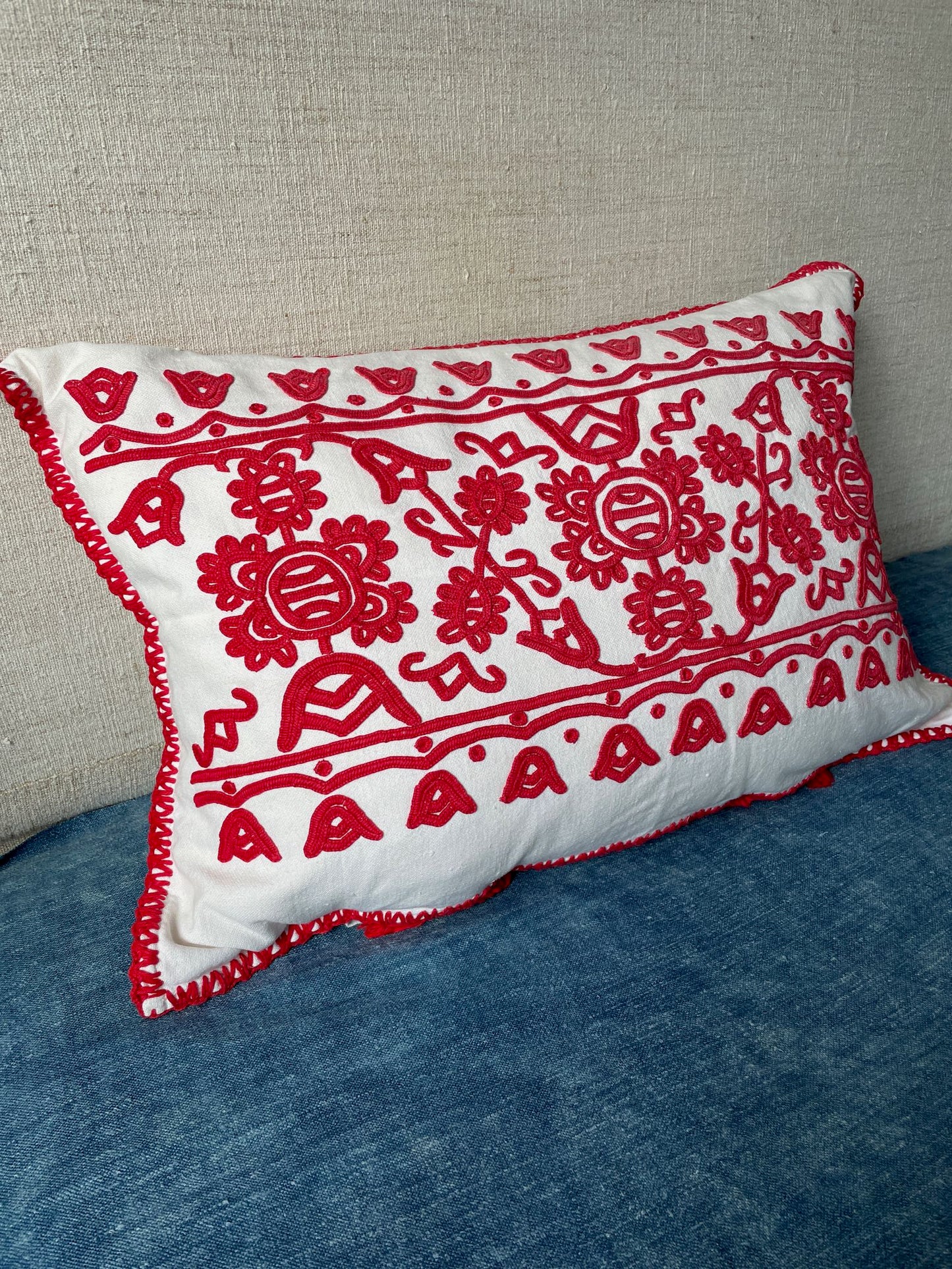 red embroidered folk art cushion irasos pillow hungarian folk art textile large couch cushion