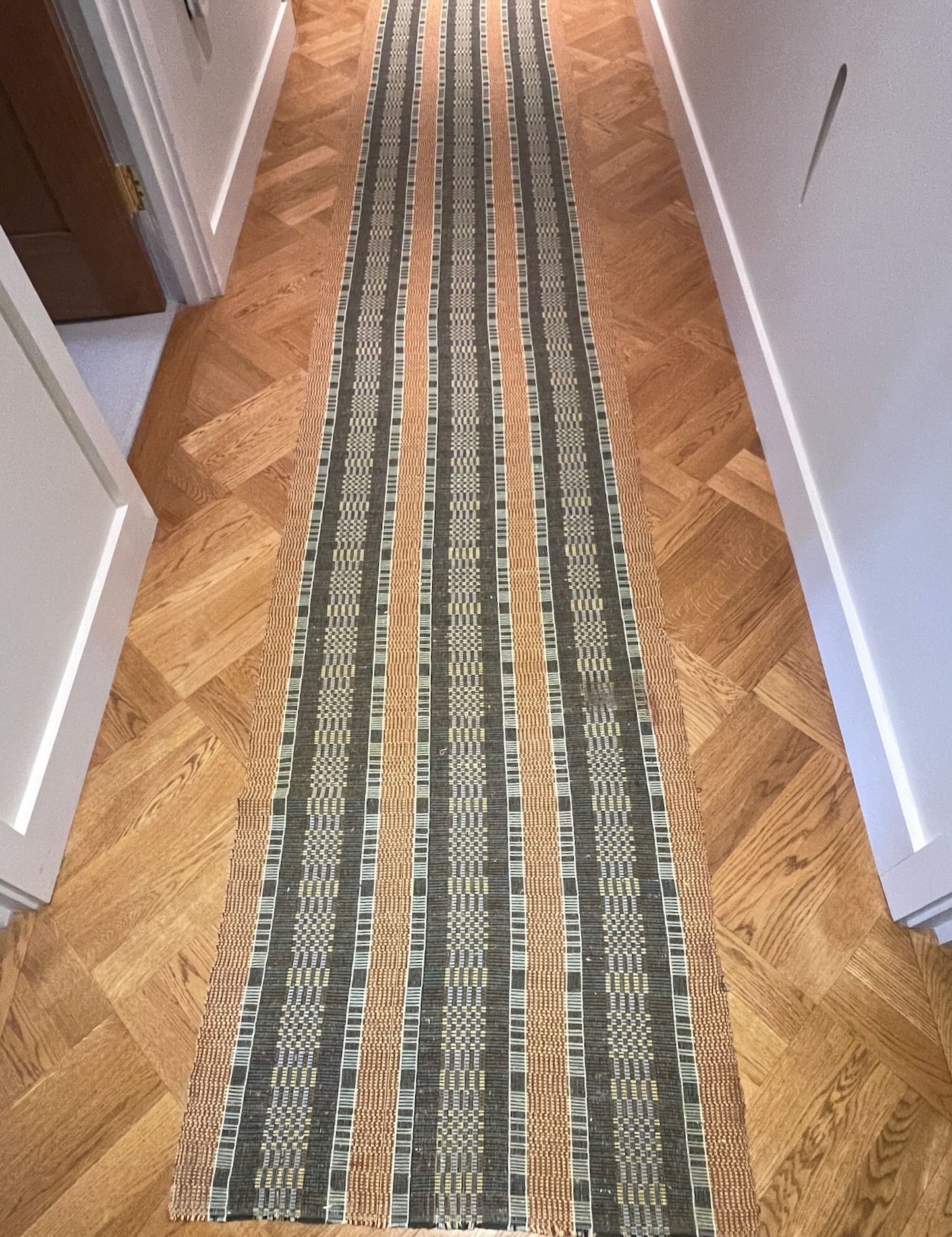 
                  
                    long stair runner carpet green yellow rust striped checked geometric pattern RIPs rug vintage 
                  
                