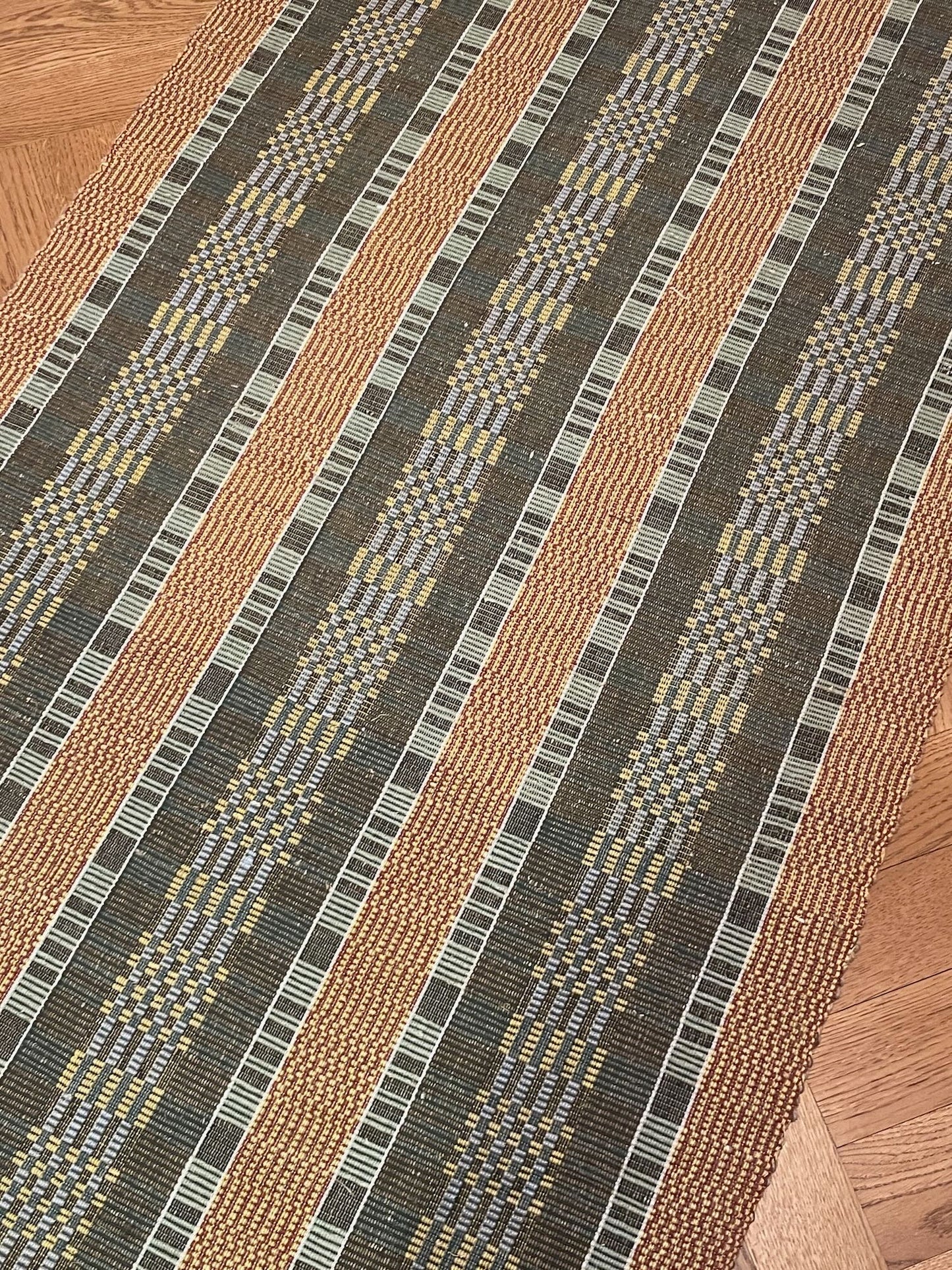 
                  
                    long stair runner carpet green yellow rust striped checked geometric pattern RIPs rug vintage 
                  
                