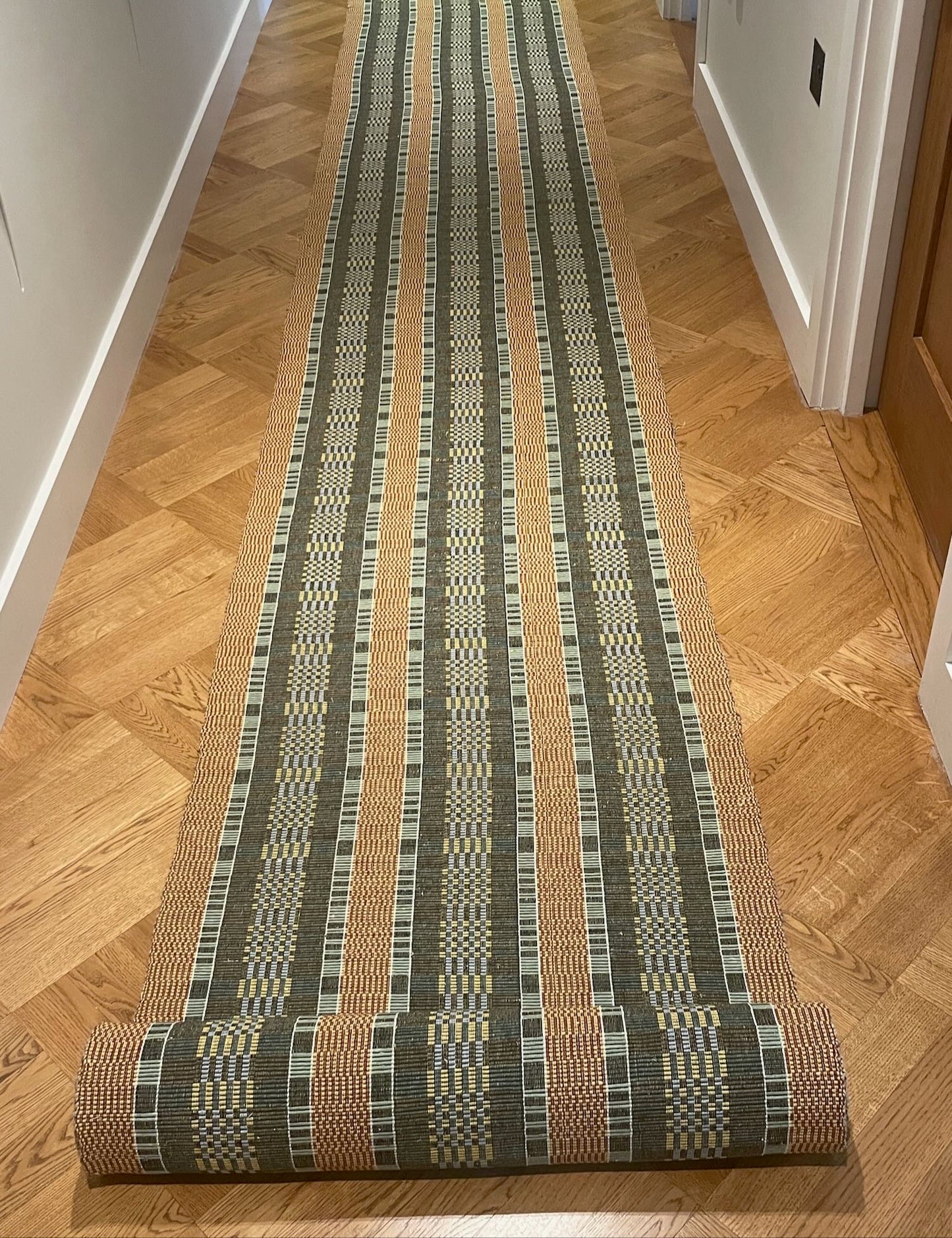 
                  
                    long stair runner carpet green yellow rust striped checked geometric pattern RIPs rug vintage 
                  
                