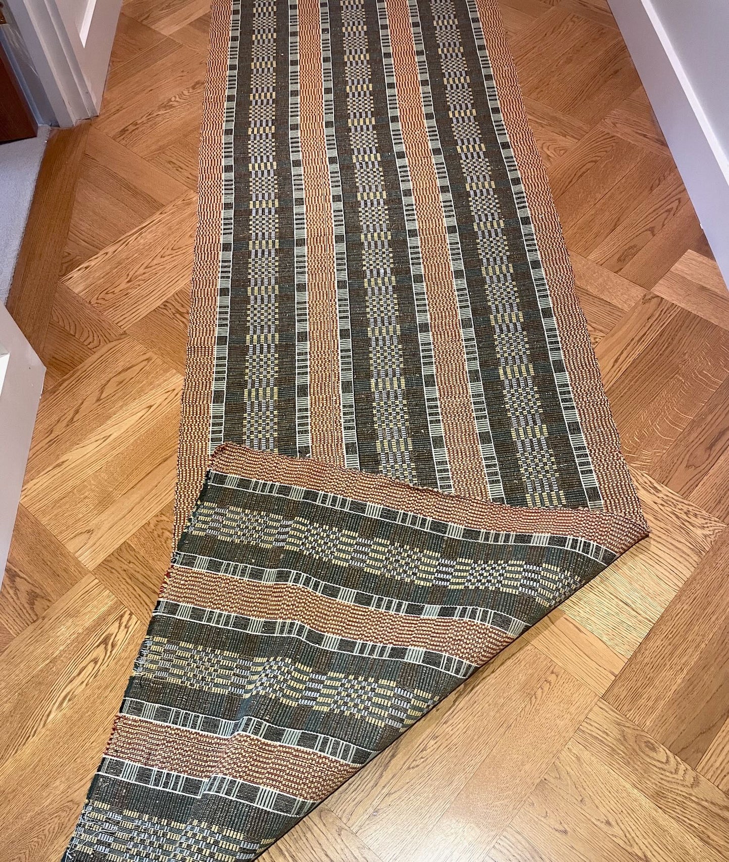 
                  
                    long stair runner carpet green yellow rust striped checked geometric pattern RIPs rug vintage 
                  
                