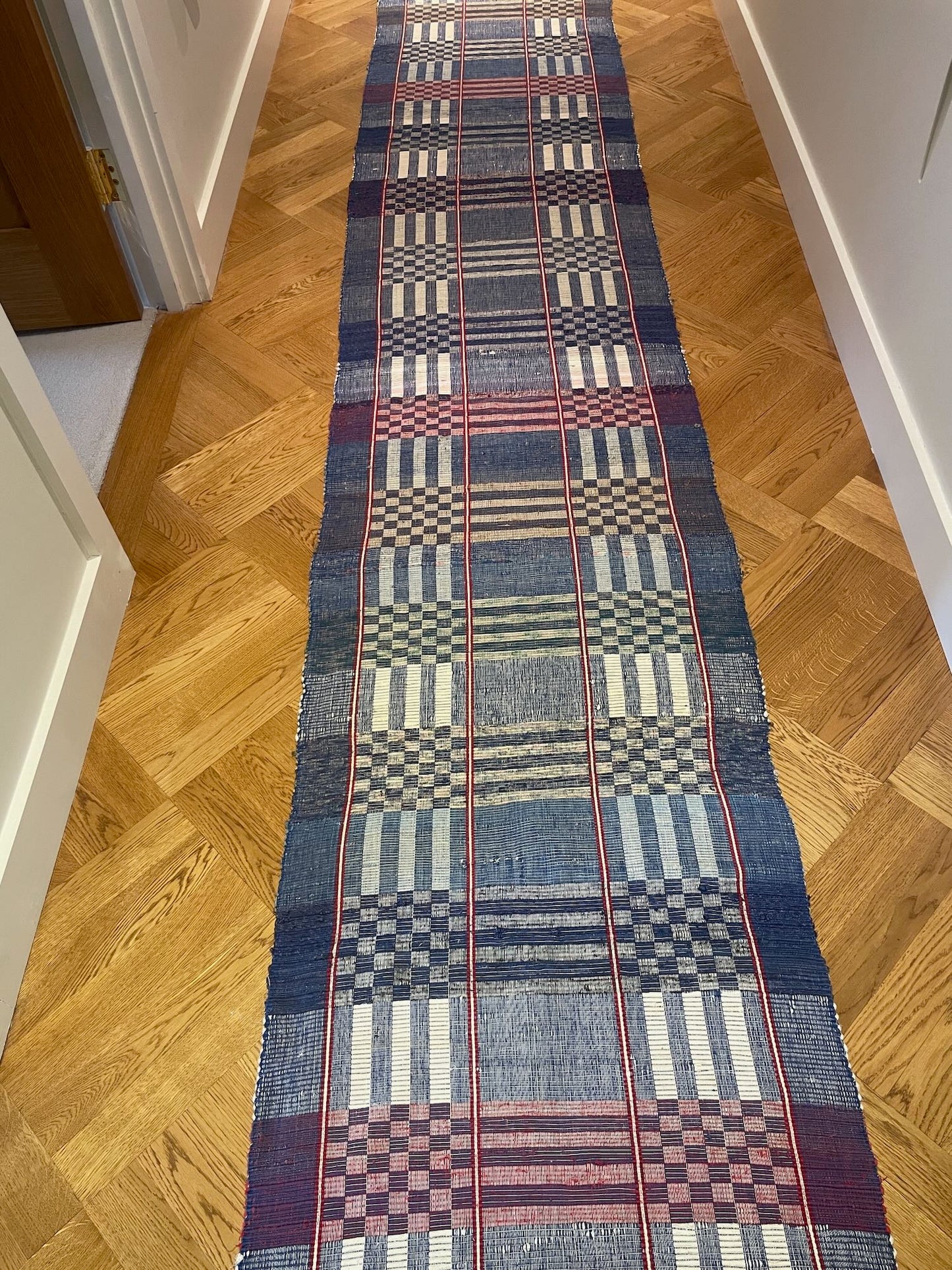 
                  
                    blue red white rips stair runner carpet 9.50 m long vintage hungarian floor runner hardwearing 
                  
                