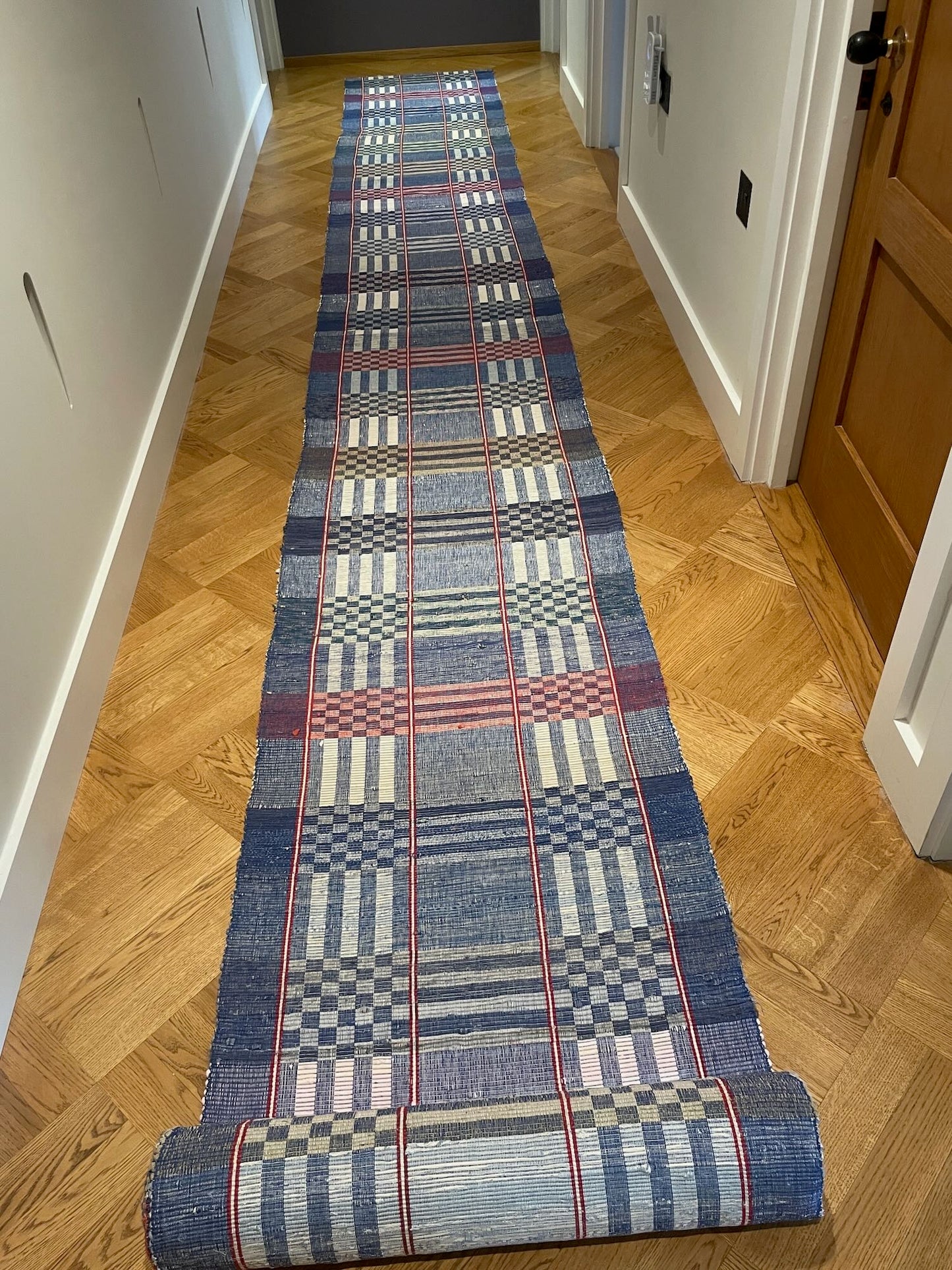 
                  
                    blue red white rips stair runner carpet 9.50 m long vintage hungarian floor runner hardwearing 
                  
                