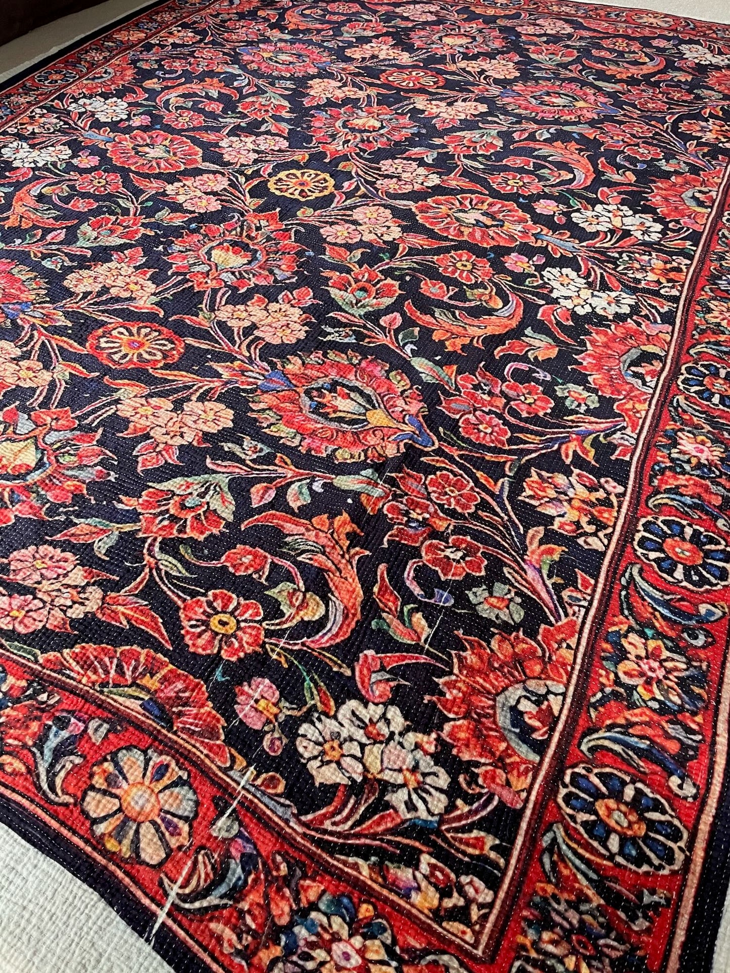 
                  
                    persian carpet patterned kantha quilt dark red black rug like bedspread cotton washable single size
                  
                