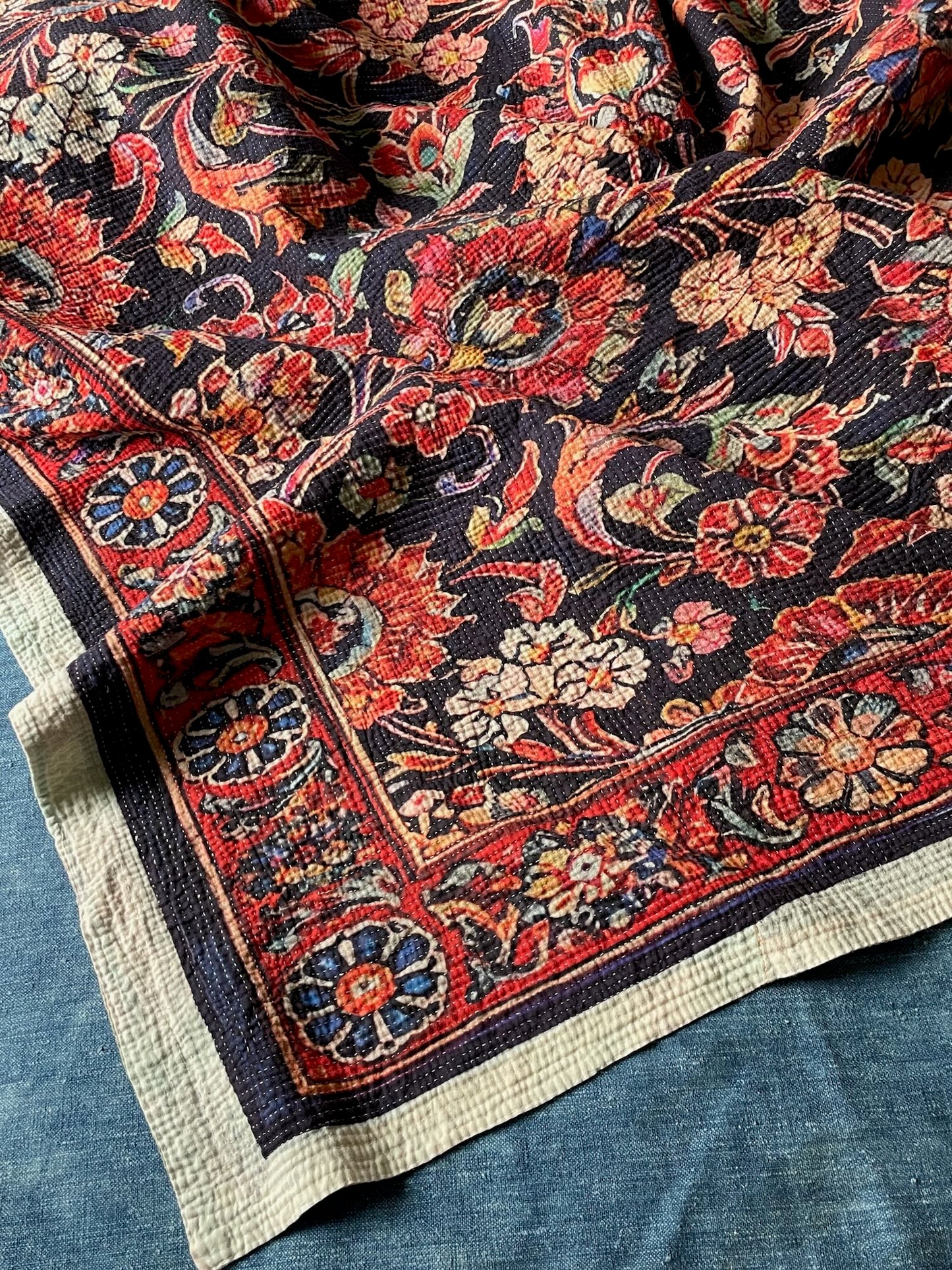 
                  
                    persian carpet patterned kantha quilt dark red black rug like bedspread cotton washable single size
                  
                