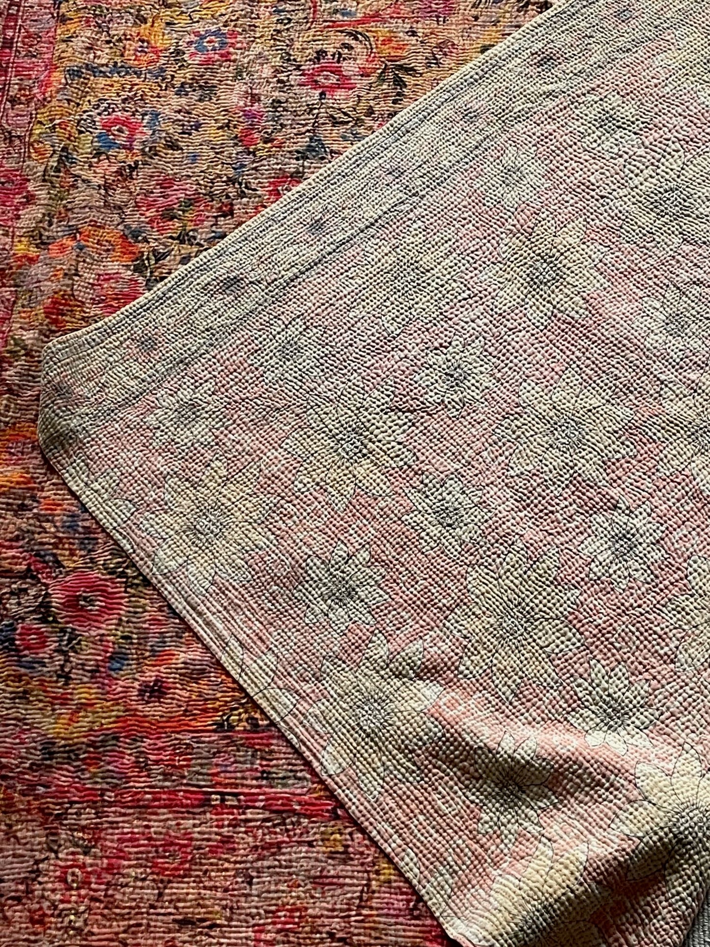 
                  
                    soft pink floral printed kantha quilt persian carpet design sofa throw single double size  washable
                  
                
