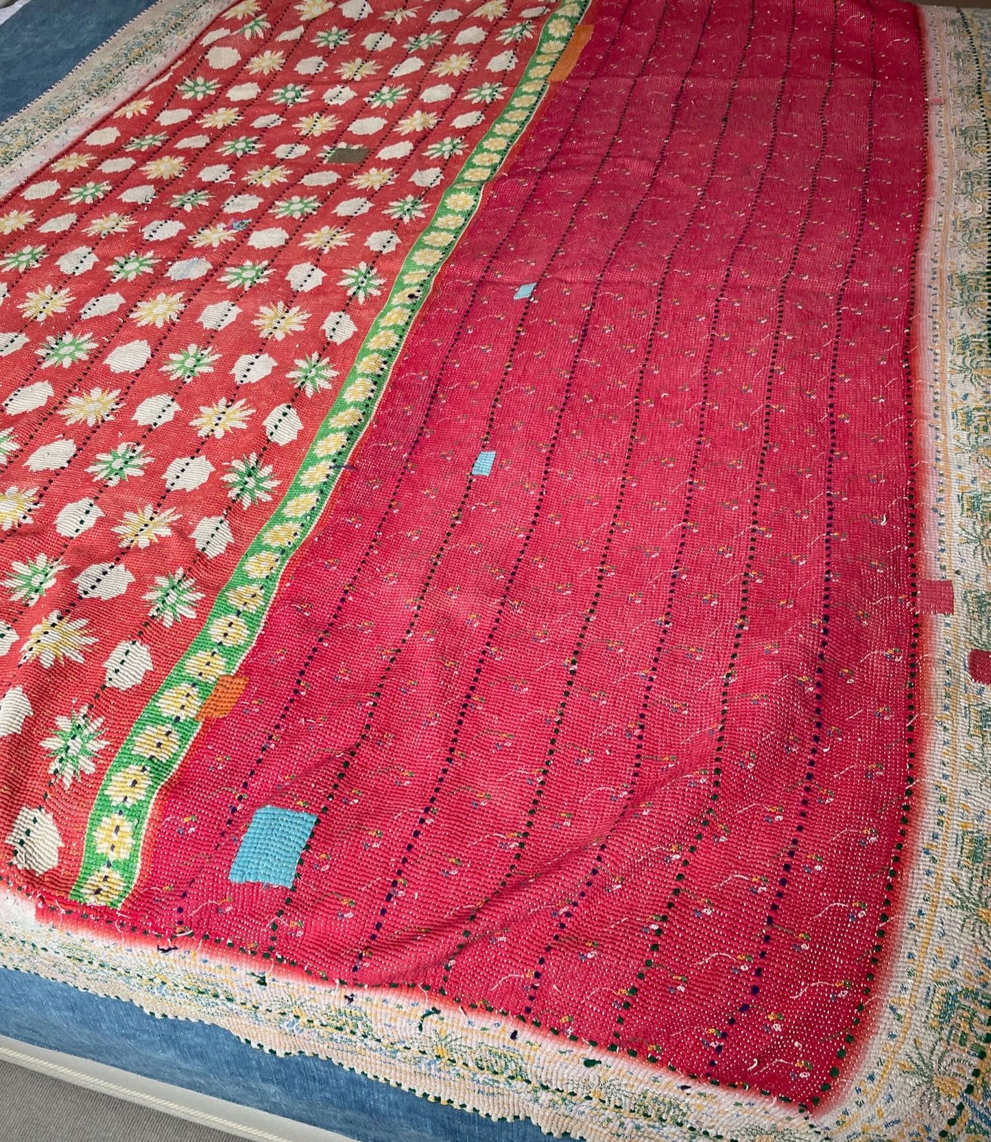 daisy patterned kantha quilt cotton red green pink bedspread hand stitched single washable comforter