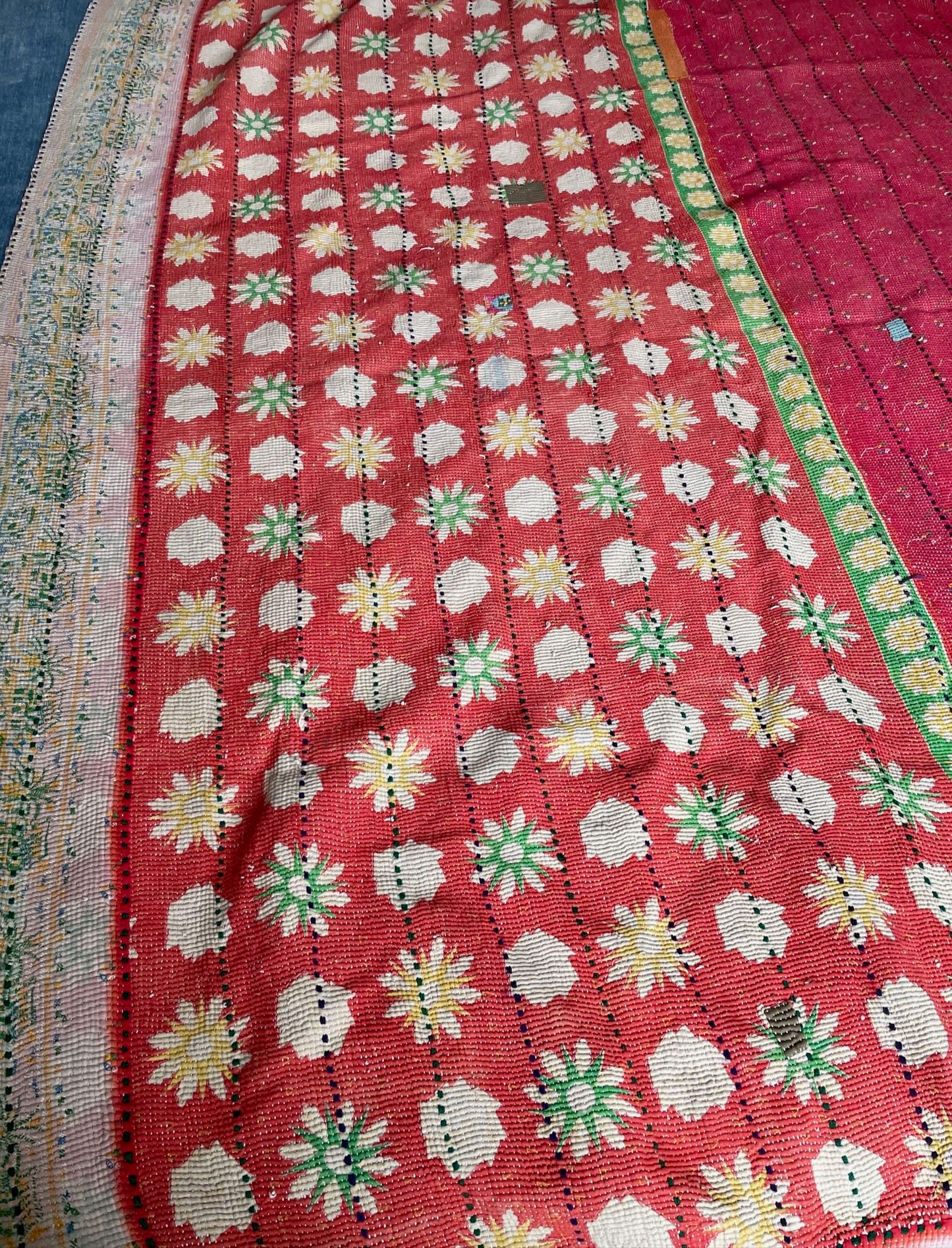 
                  
                    daisy patterned kantha quilt cotton red green pink bedspread hand stitched single washable comforter
                  
                