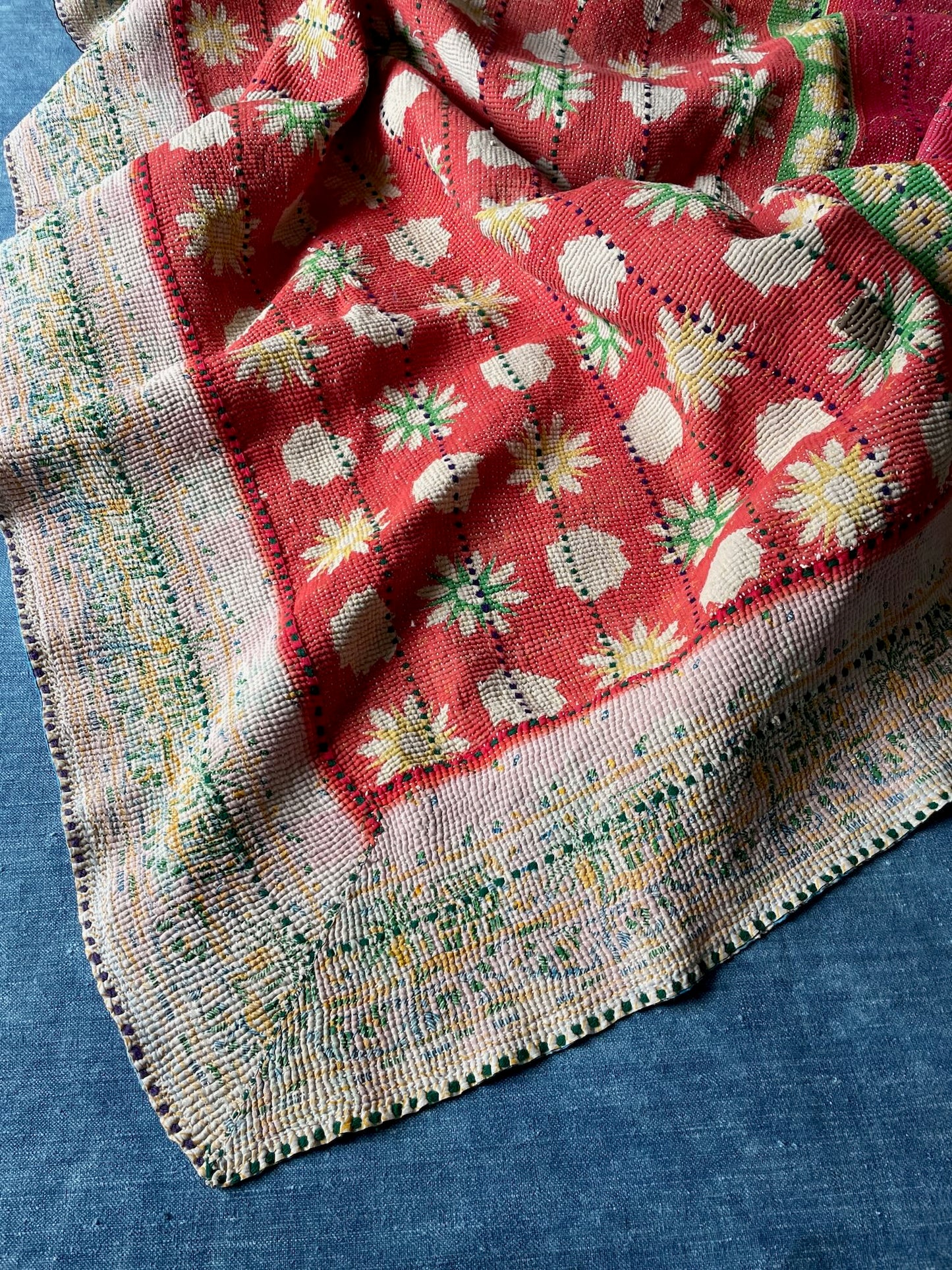 daisy patterned kantha quilt cotton red green pink bedspread hand stitched single washable comforter