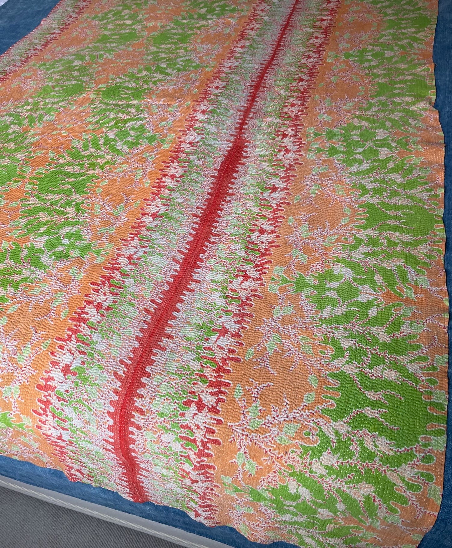 orange red green kantha quilt cotton single bedspread hand stitched machine washable uk sofa throw