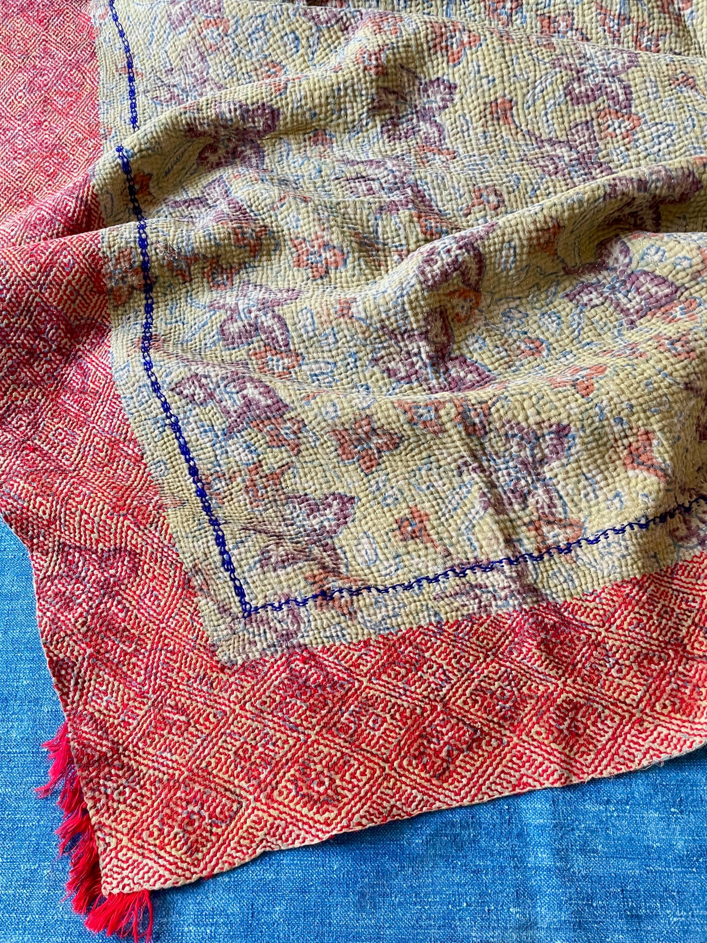 pretty soft colours vintage kantha quilt bedspread sofa throw hand stitched block print comforter