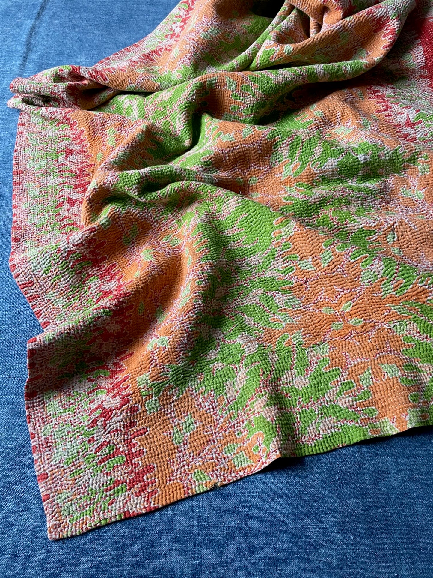 orange red green kantha quilt cotton single bedspread hand stitched machine washable uk sofa throw