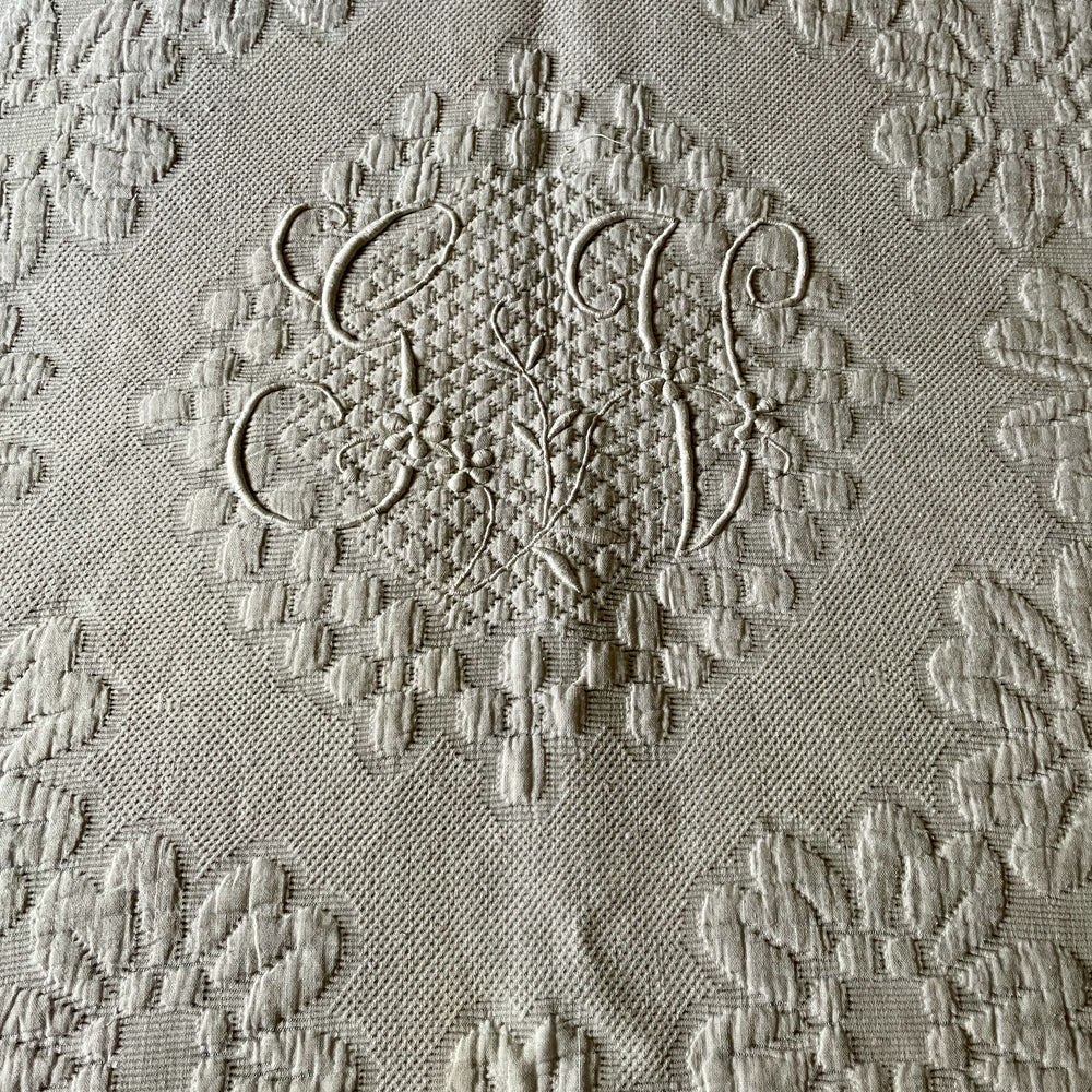 double french pique de marseille white vintage cotton bedspread monogram GV paris boudoir textiles