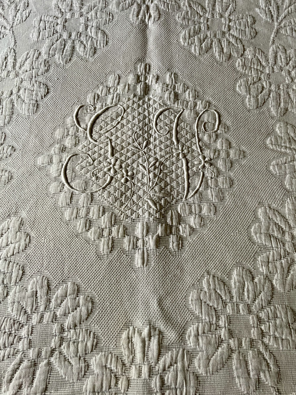 double french pique de marseille white vintage cotton bedspread monogram GV paris boudoir textiles