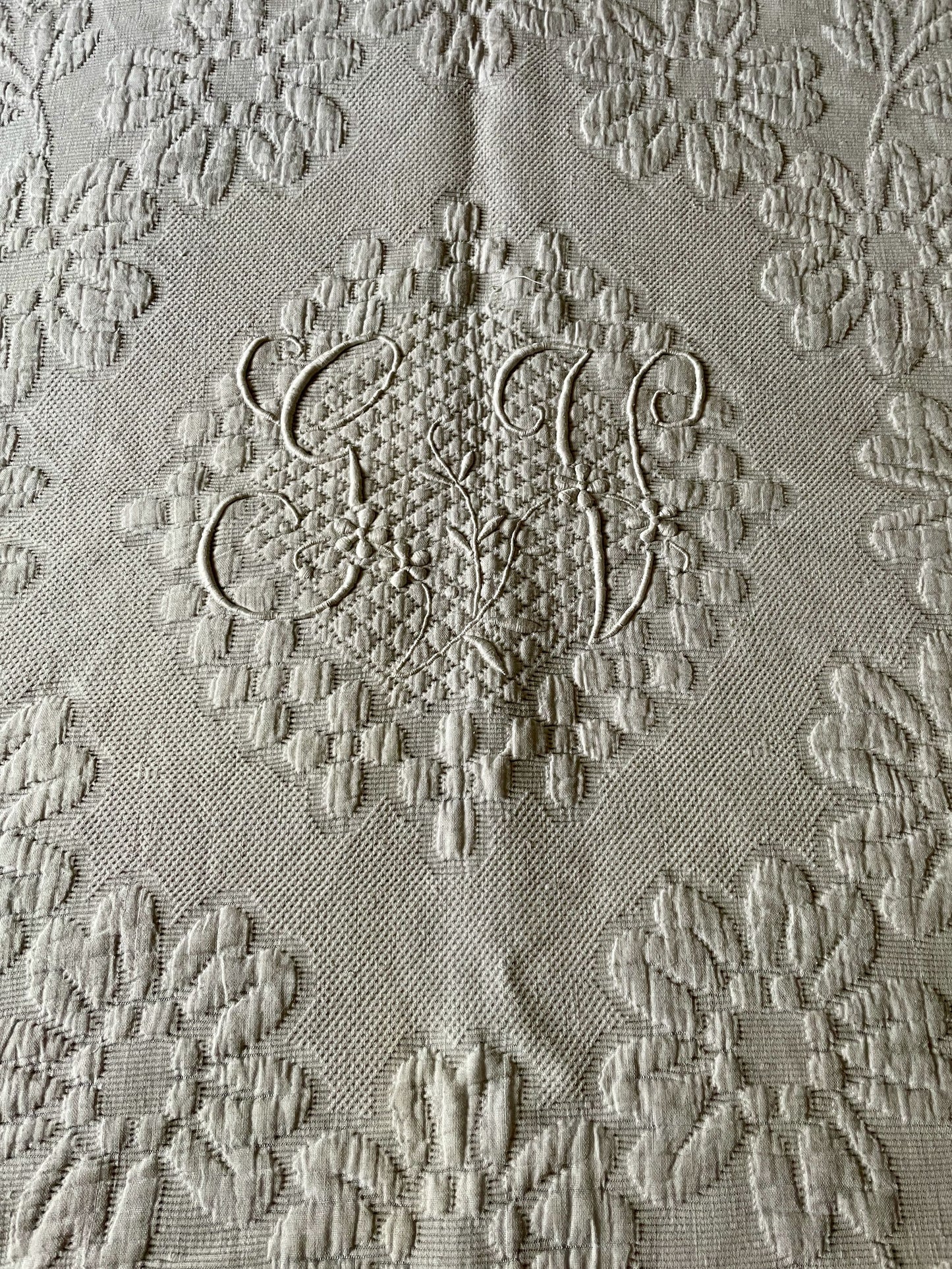 double french pique de marseille white vintage cotton bedspread monogram GV paris boudoir textiles