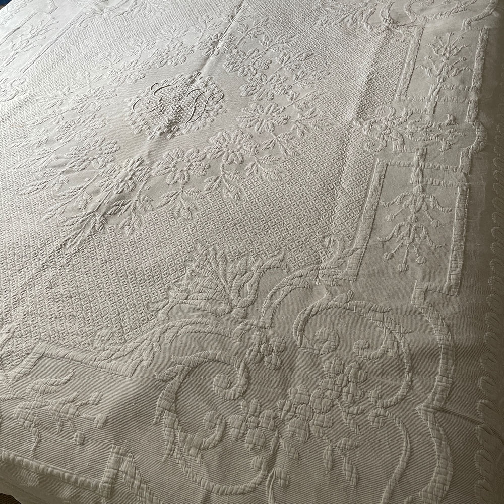 
                  
                    double french pique de marseille white vintage cotton bedspread monogram GV paris boudoir textiles
                  
                