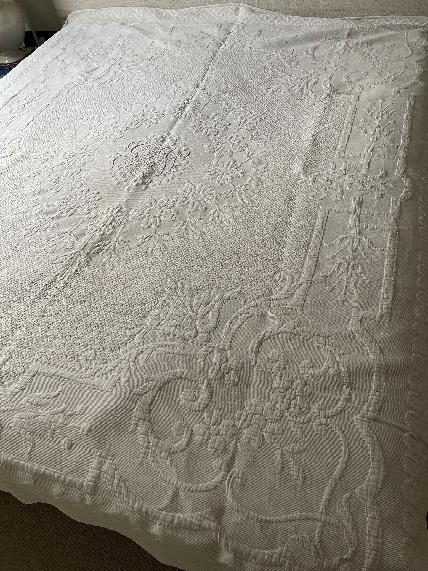 double french pique de marseille white vintage cotton bedspread monogram GV paris boudoir textiles