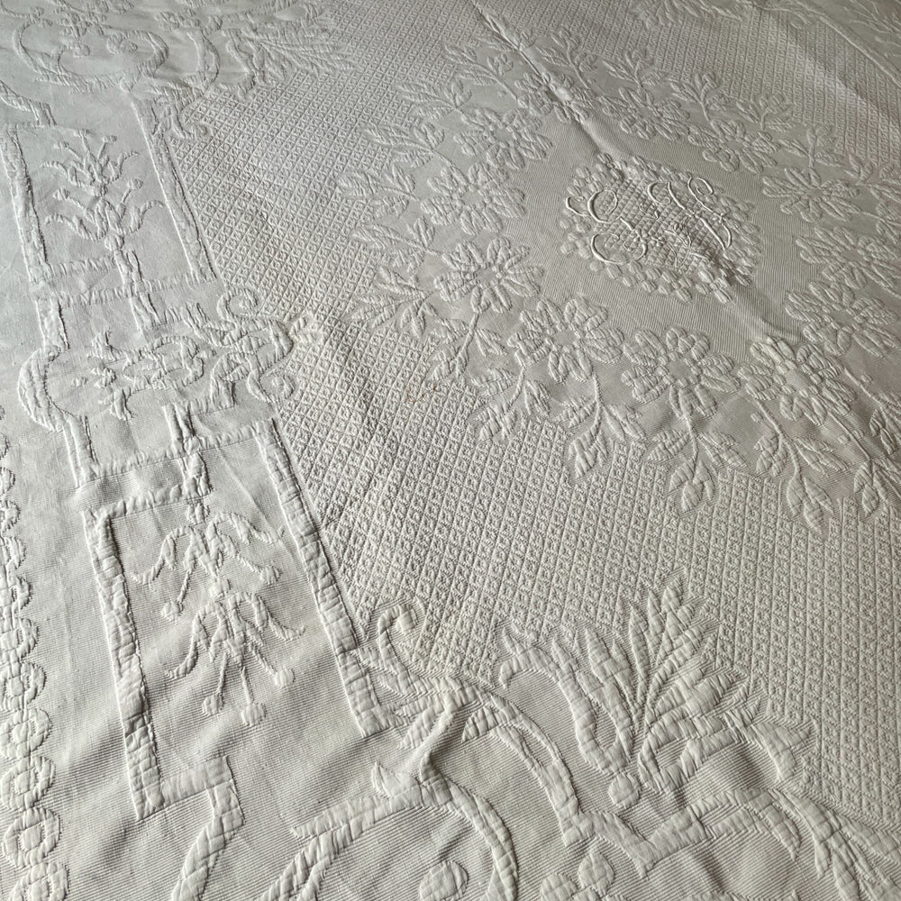 
                  
                    double french pique de marseille white vintage cotton bedspread monogram GV paris boudoir textiles
                  
                