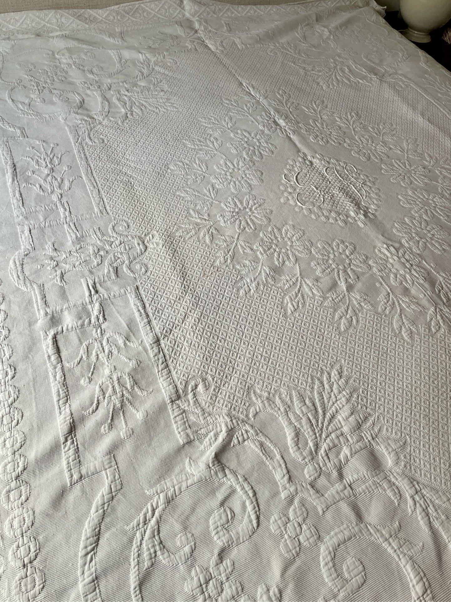 
                  
                    double french pique de marseille white vintage cotton bedspread monogram GV paris boudoir textiles
                  
                