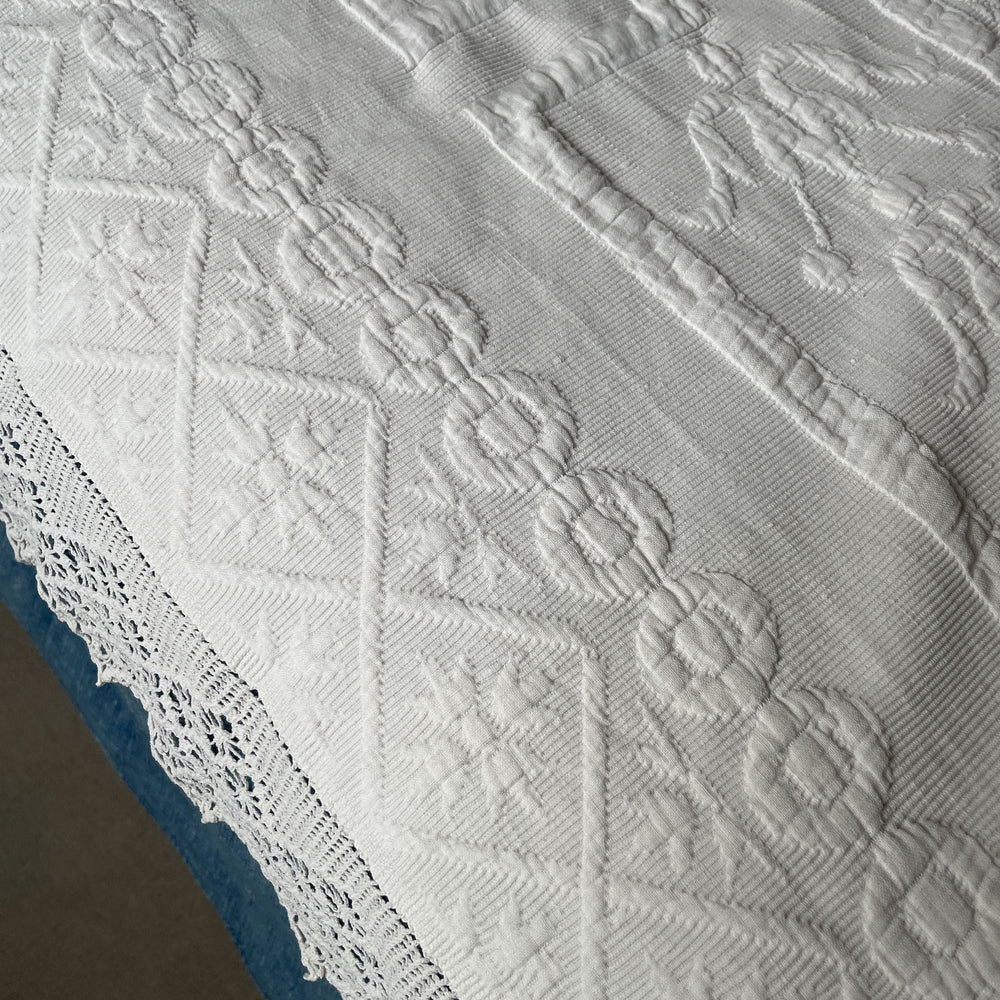 
                  
                    double french pique de marseille white vintage cotton bedspread monogram GV paris boudoir textiles
                  
                